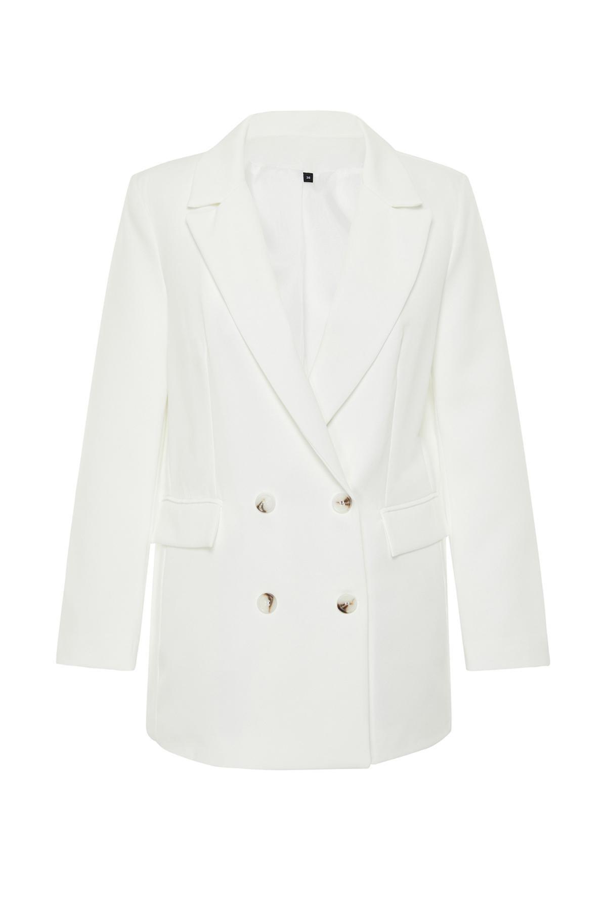 White Oversized Woven Blazer Jacket, , large image number 5