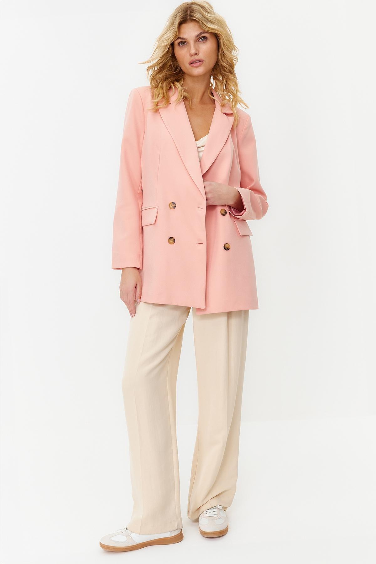 Pink Lined Buttoned Woven Blazer Jacket, , large image number 0