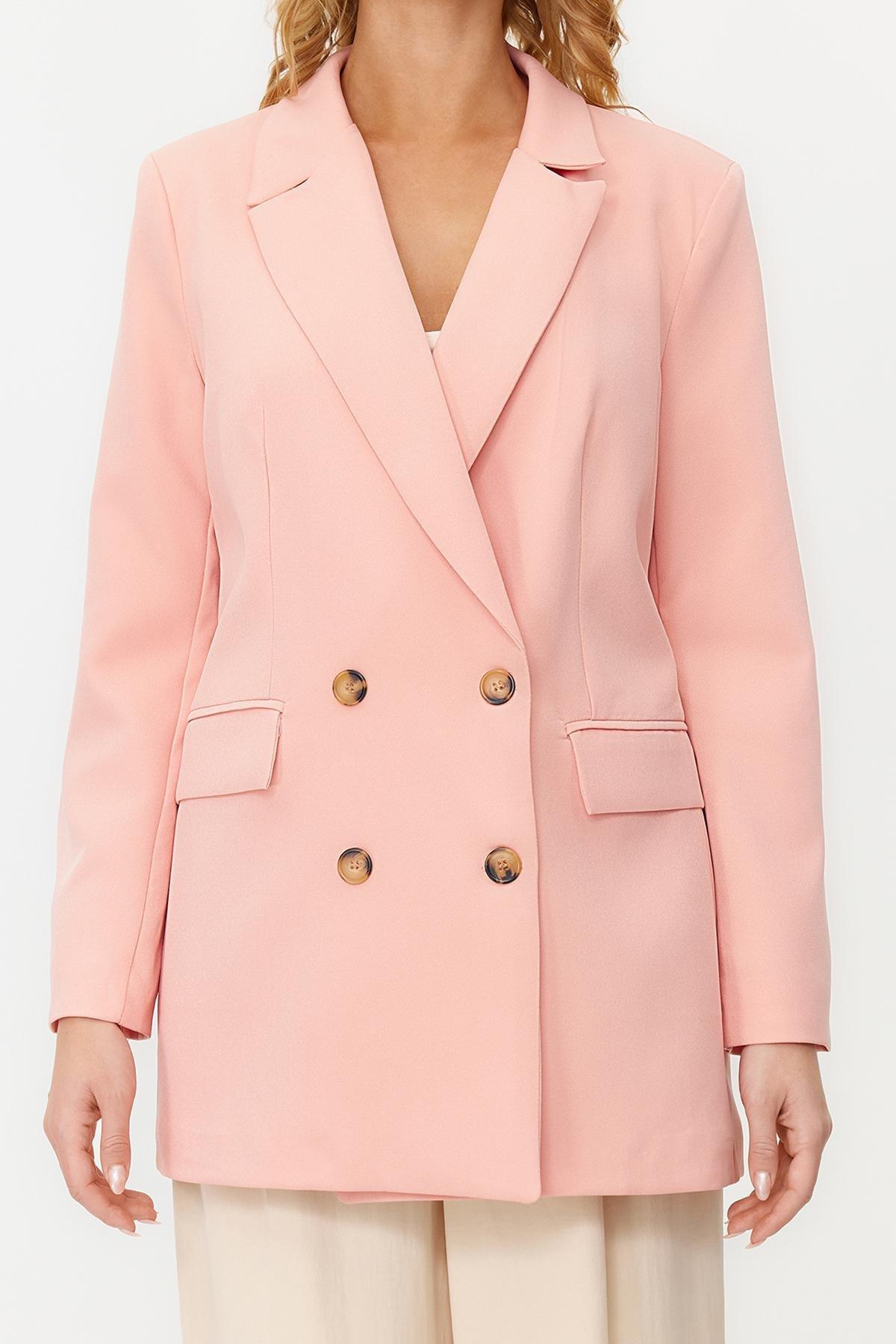 Pink Lined Buttoned Woven Blazer Jacket, , large image number 4
