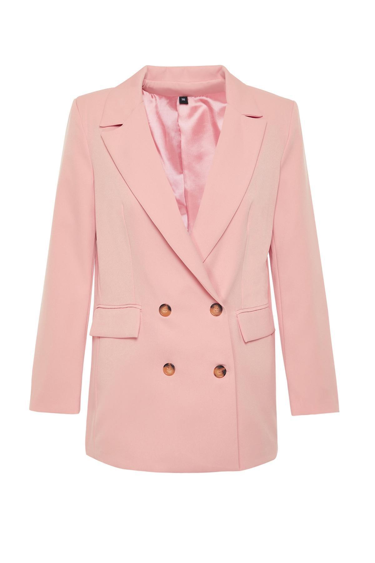 Pink Lined Buttoned Woven Blazer Jacket, , large image number 5