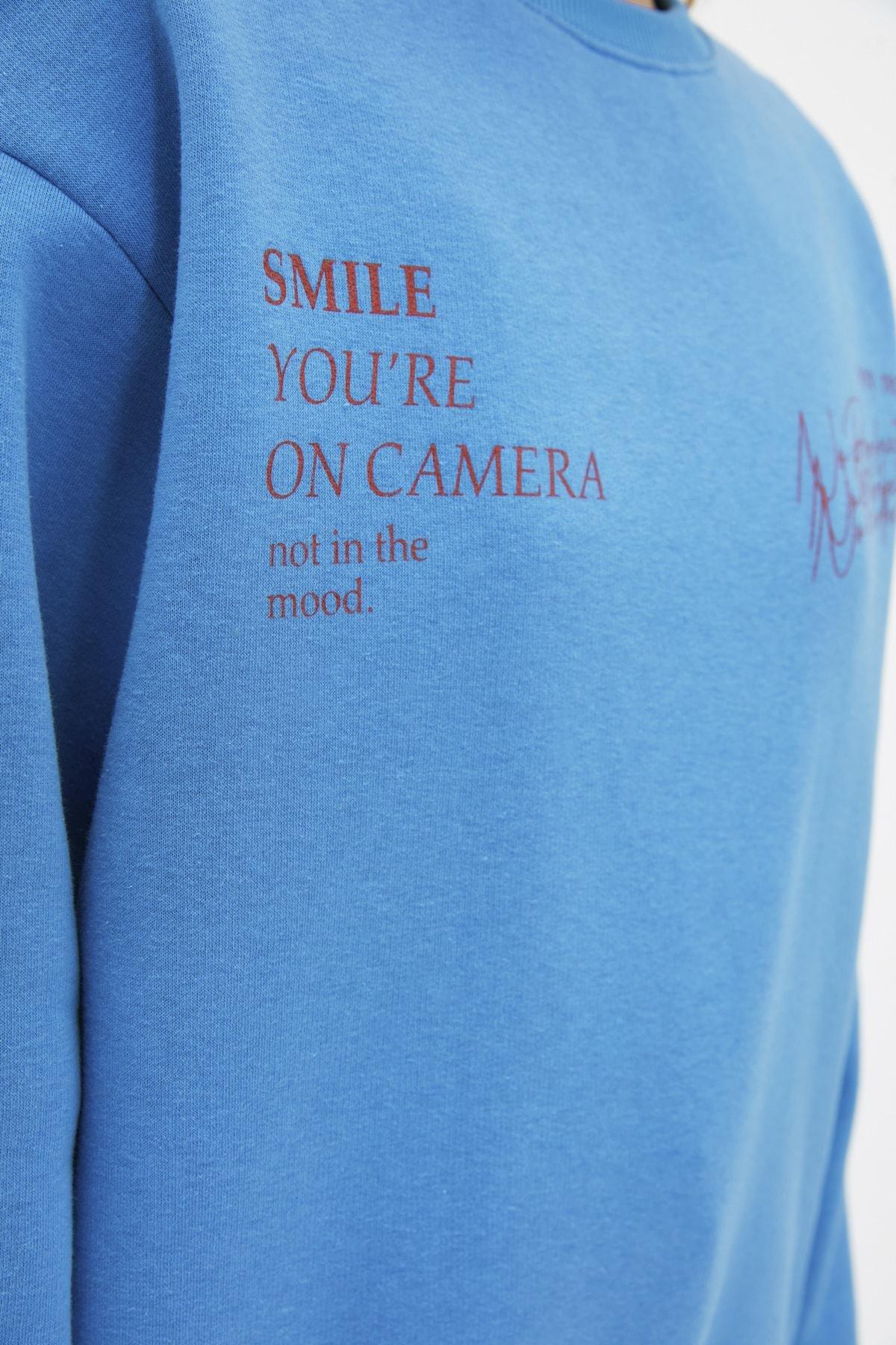Blue Printed Crew Neck Sweatshirt, , large image number 1