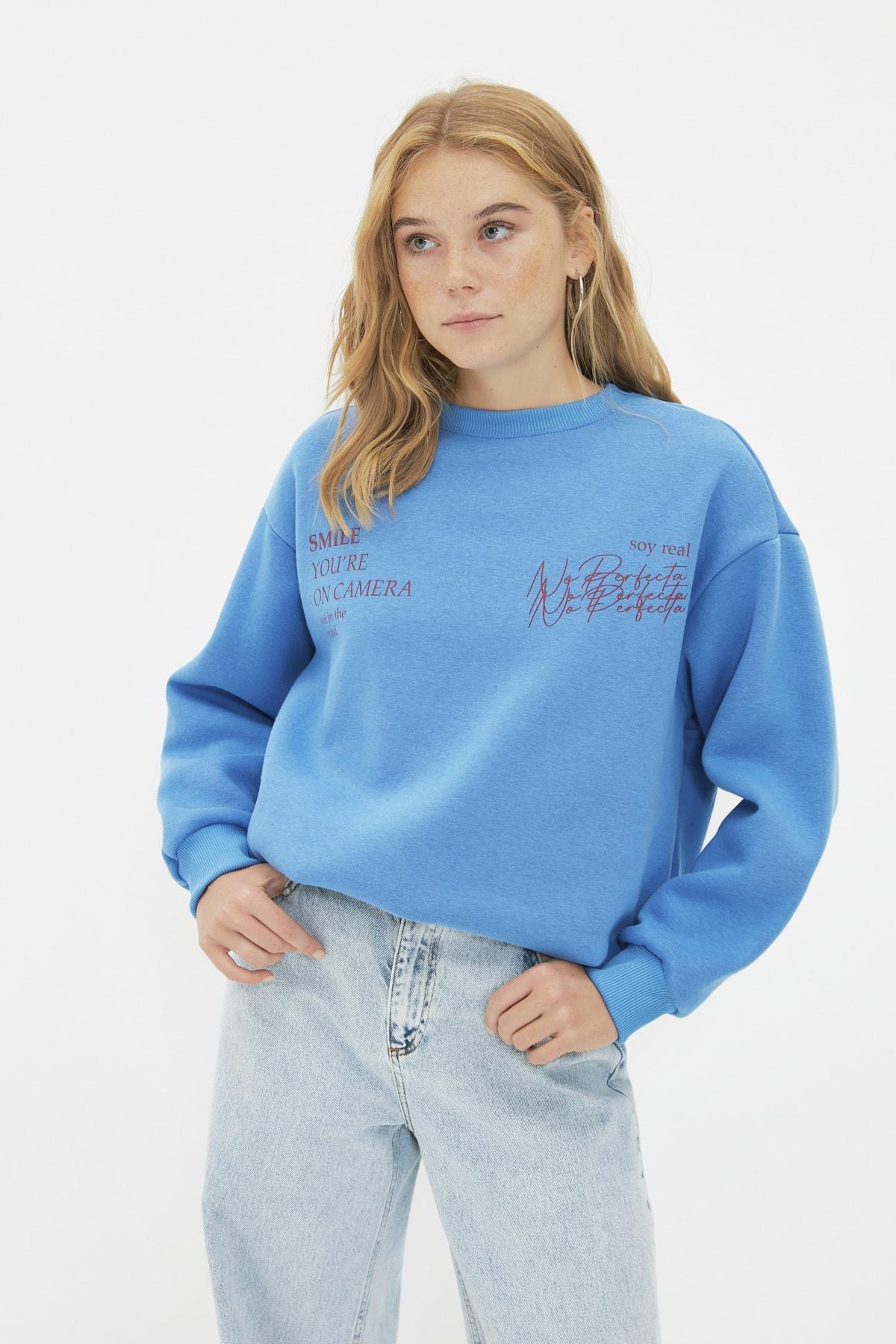 Trendyol - Blue Printed Crew Neck Sweatshirt