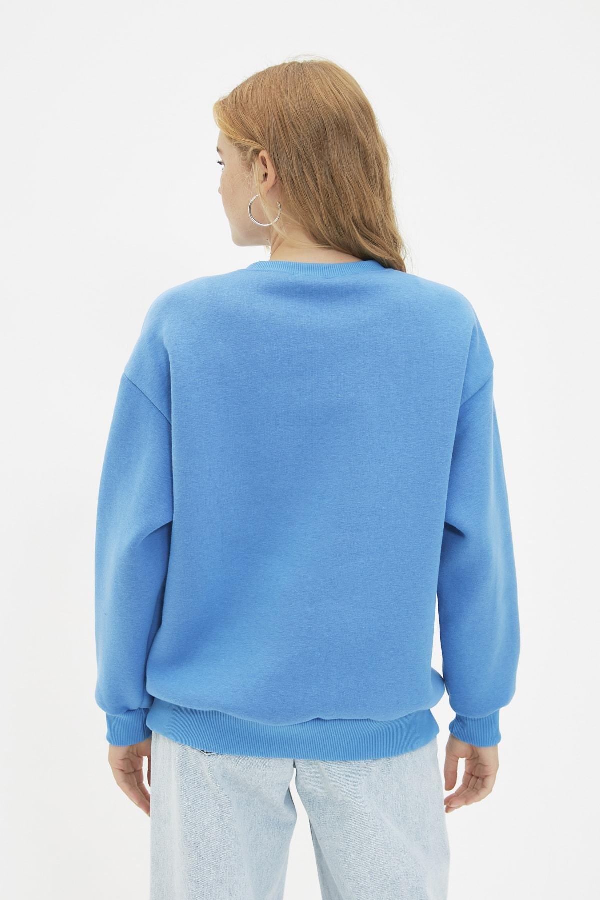 Trendyol - Blue Printed Crew Neck Sweatshirt