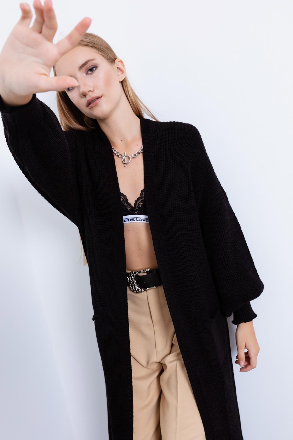 Lafaba Black Balloon Sleeve Long Cardigan Azadea Kuwait