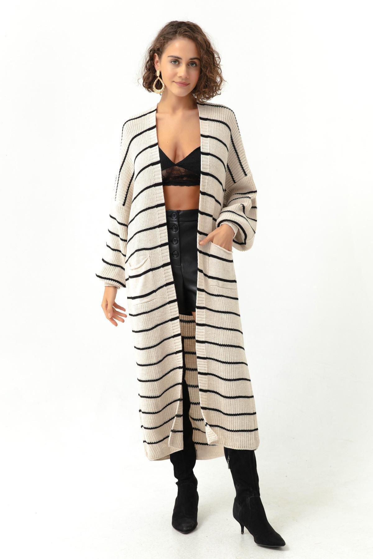 Black-Beige Balloon Sleeve Long Knitwear Cardigan, , large image number 0