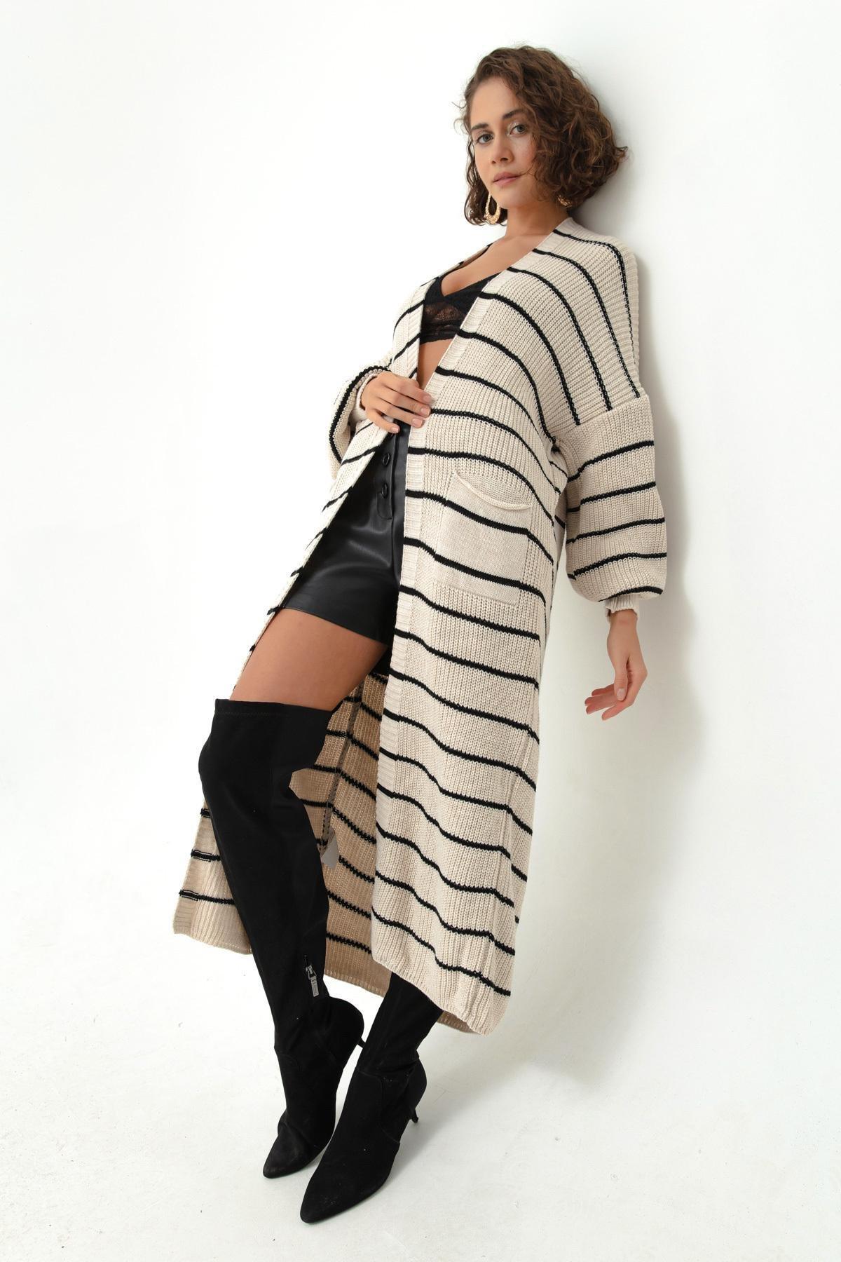 Lafaba - Black-Beige Balloon Sleeve Long Knitwear Cardigan