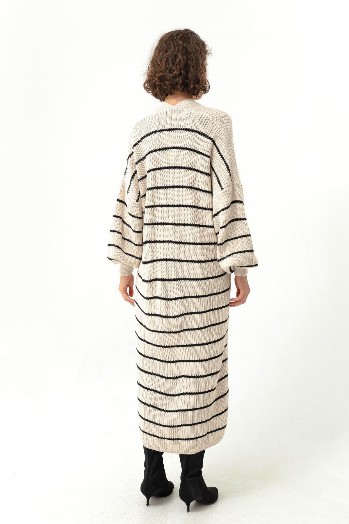 Black-Beige Balloon Sleeve Long Knitwear Cardigan, , large image number 4