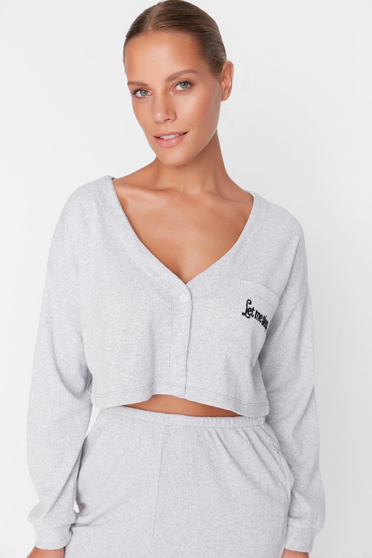 Gray V-Neck Pajama Set, , large image number 0