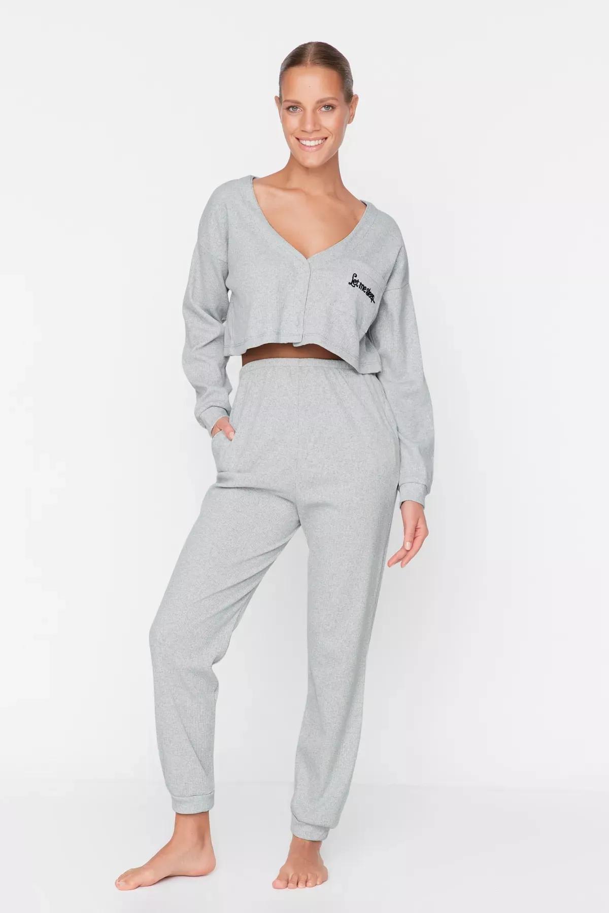 Gray V-Neck Pajama Set, Gray, large image number 0