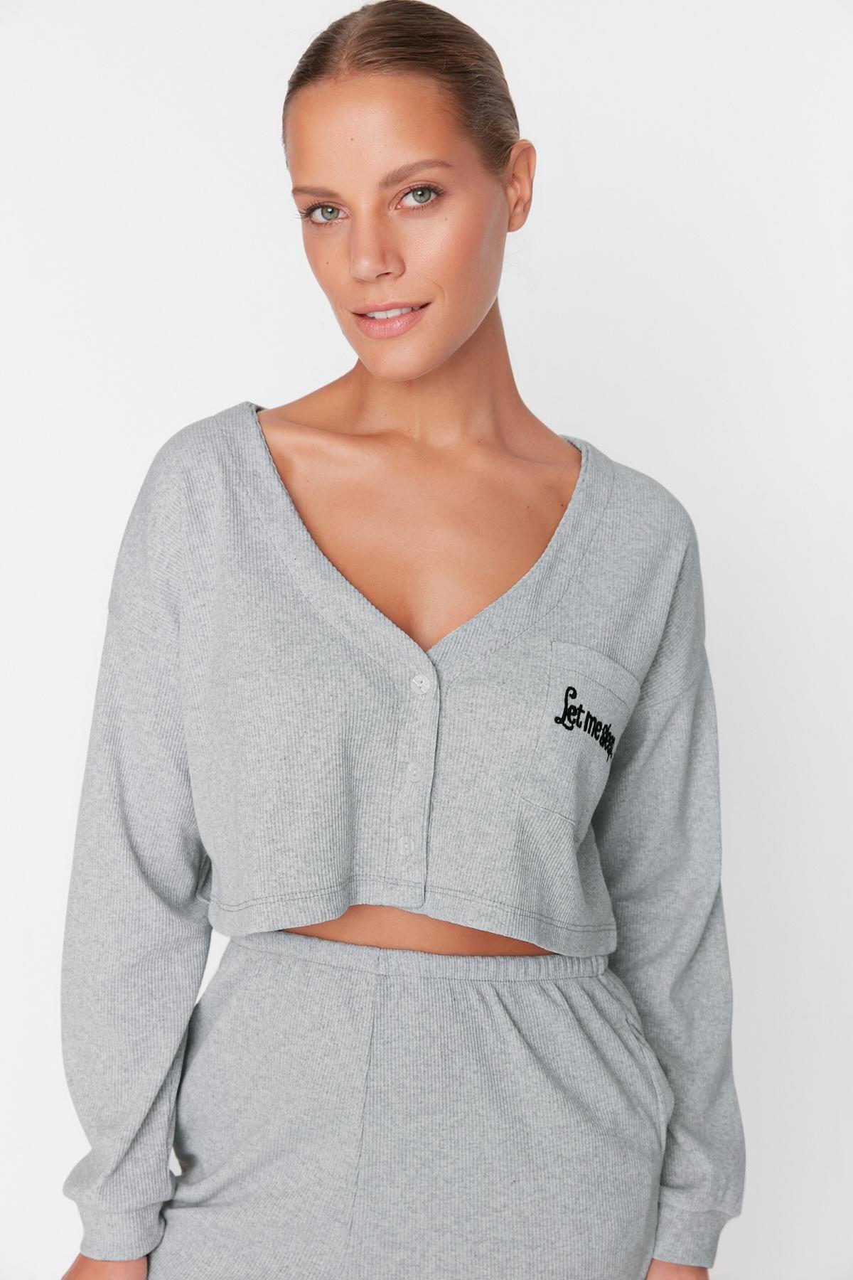 Gray V-Neck Pajama Set, , large image number 1