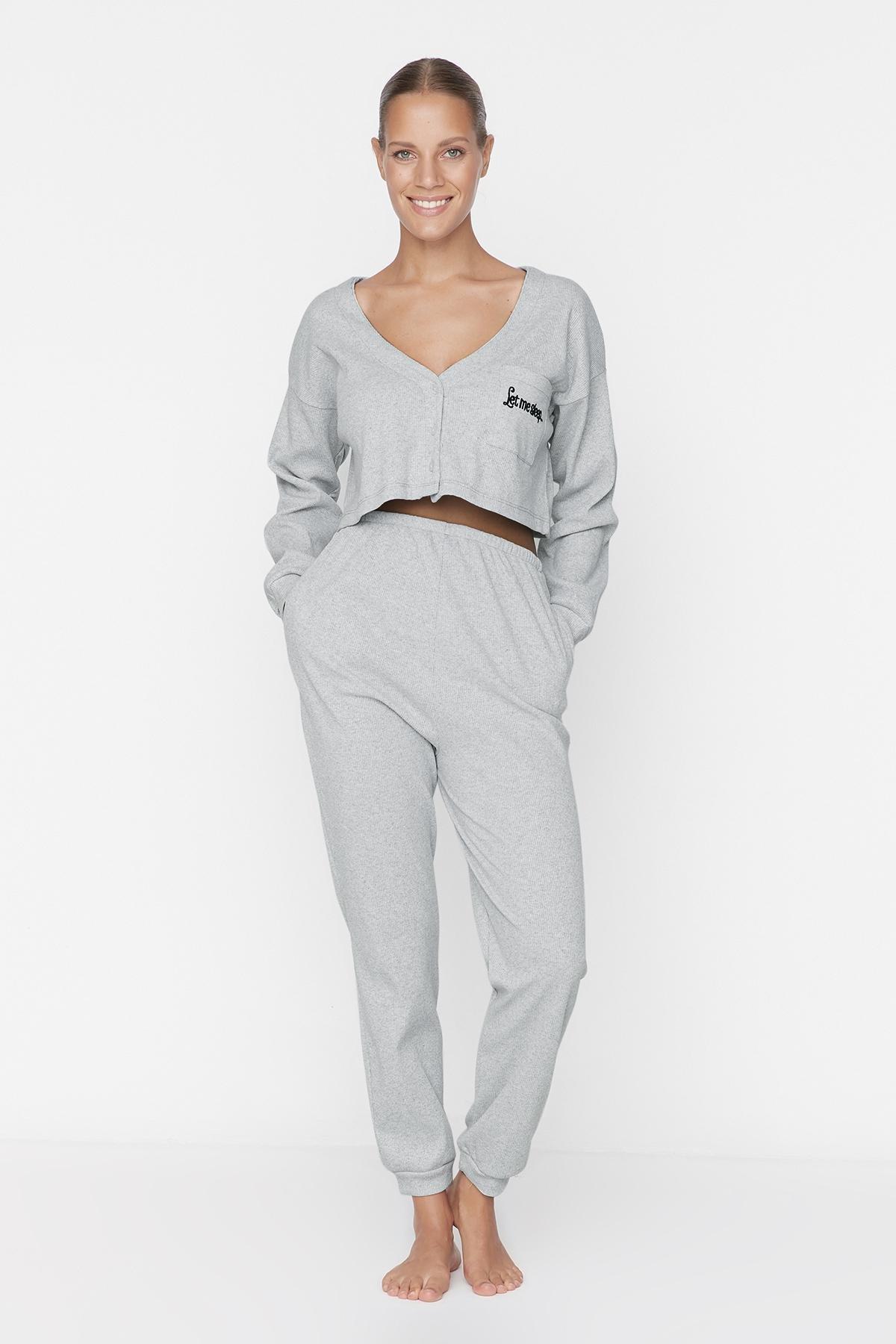 Gray V-Neck Pajama Set, , large image number 3