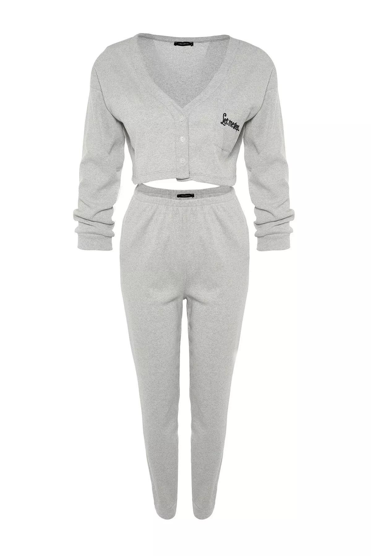 Gray V-Neck Pajama Set, Gray, large image number 5