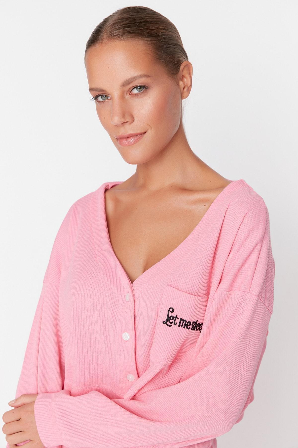 Pink V-Neck Pajama Co-Ord Set, Pink, large image number 1