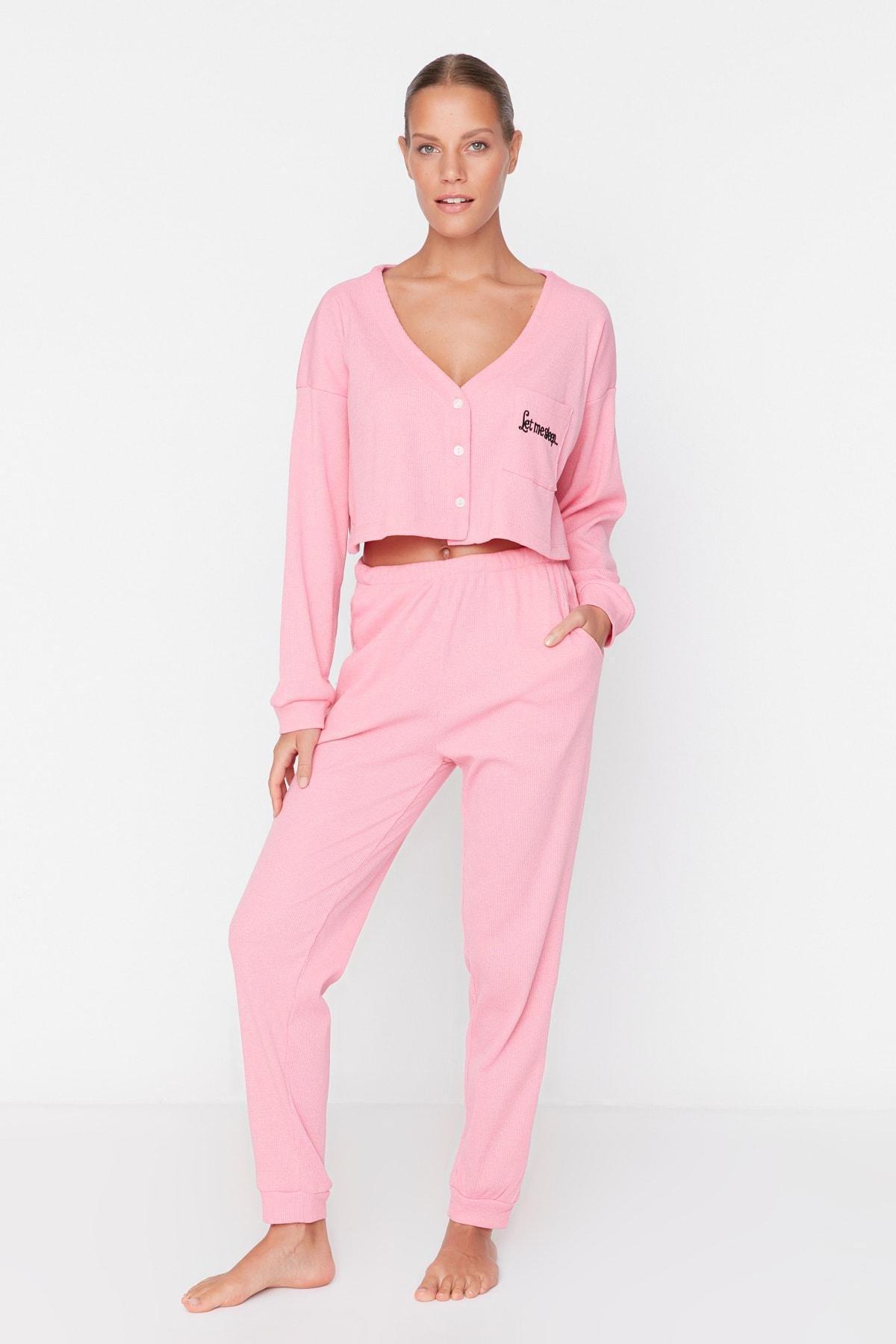 Pink V-Neck Pajama Co-Ord Set, Pink, large image number 2