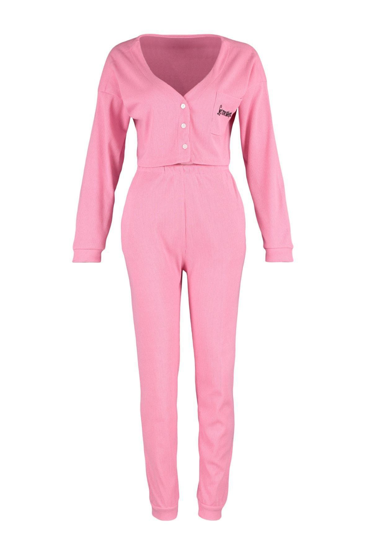 Pink V-Neck Pajama Co-Ord Set, Pink, large image number 5