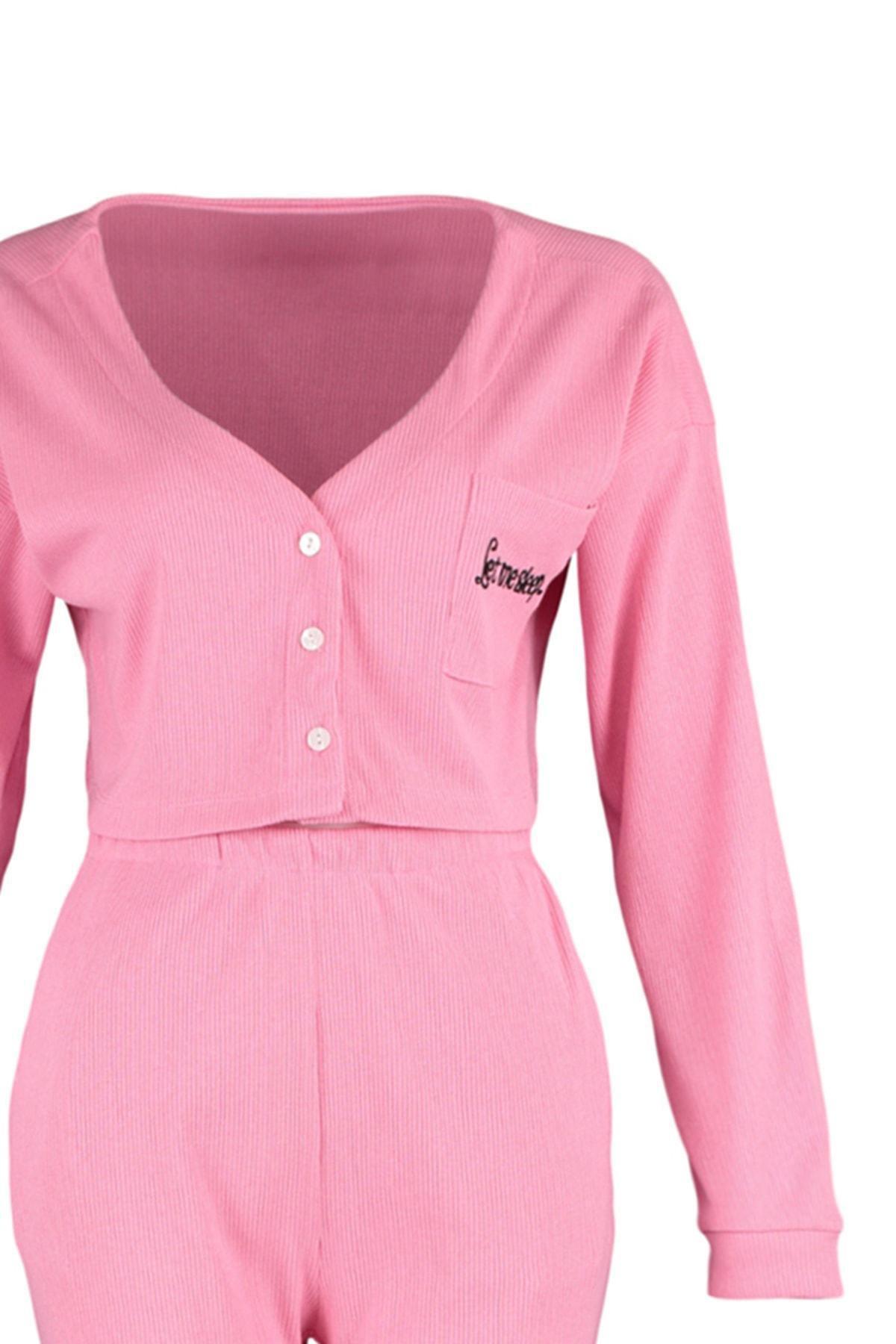 Pink V-Neck Pajama Co-Ord Set, Pink, large image number 6