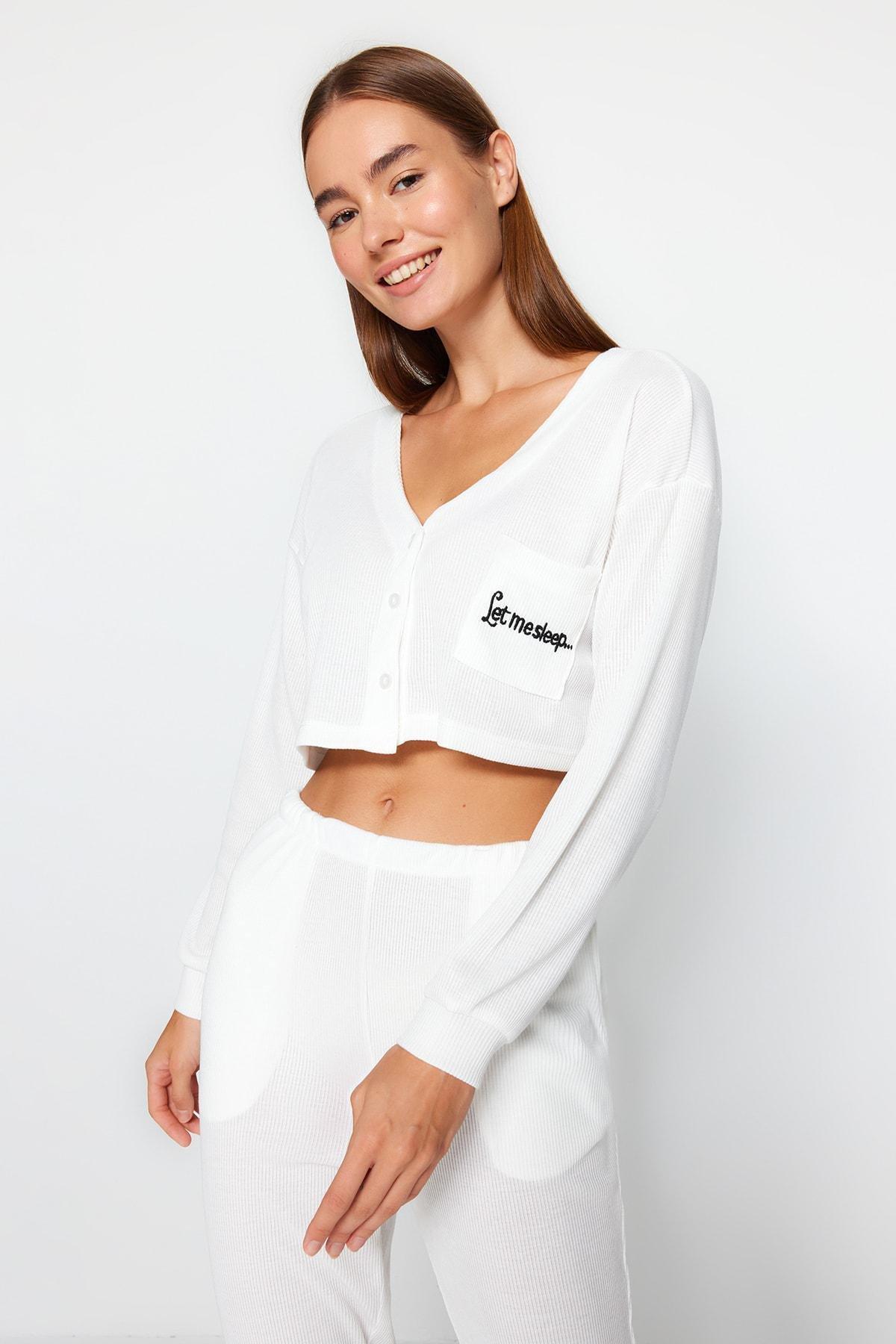 White V-Neck Cropped Pyjama Set, , large image number 1