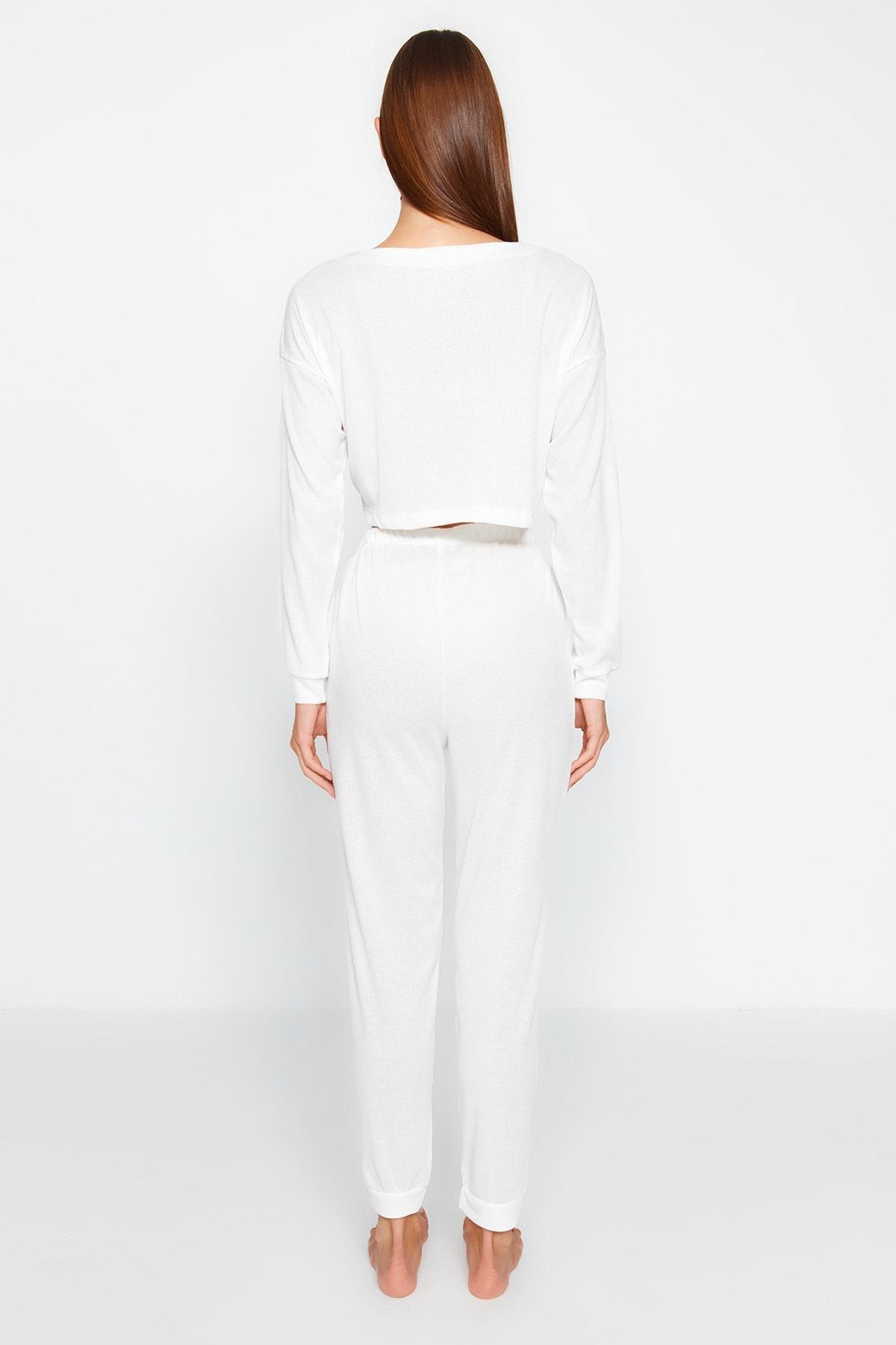 White V-Neck Cropped Pyjama Set, , large image number 5