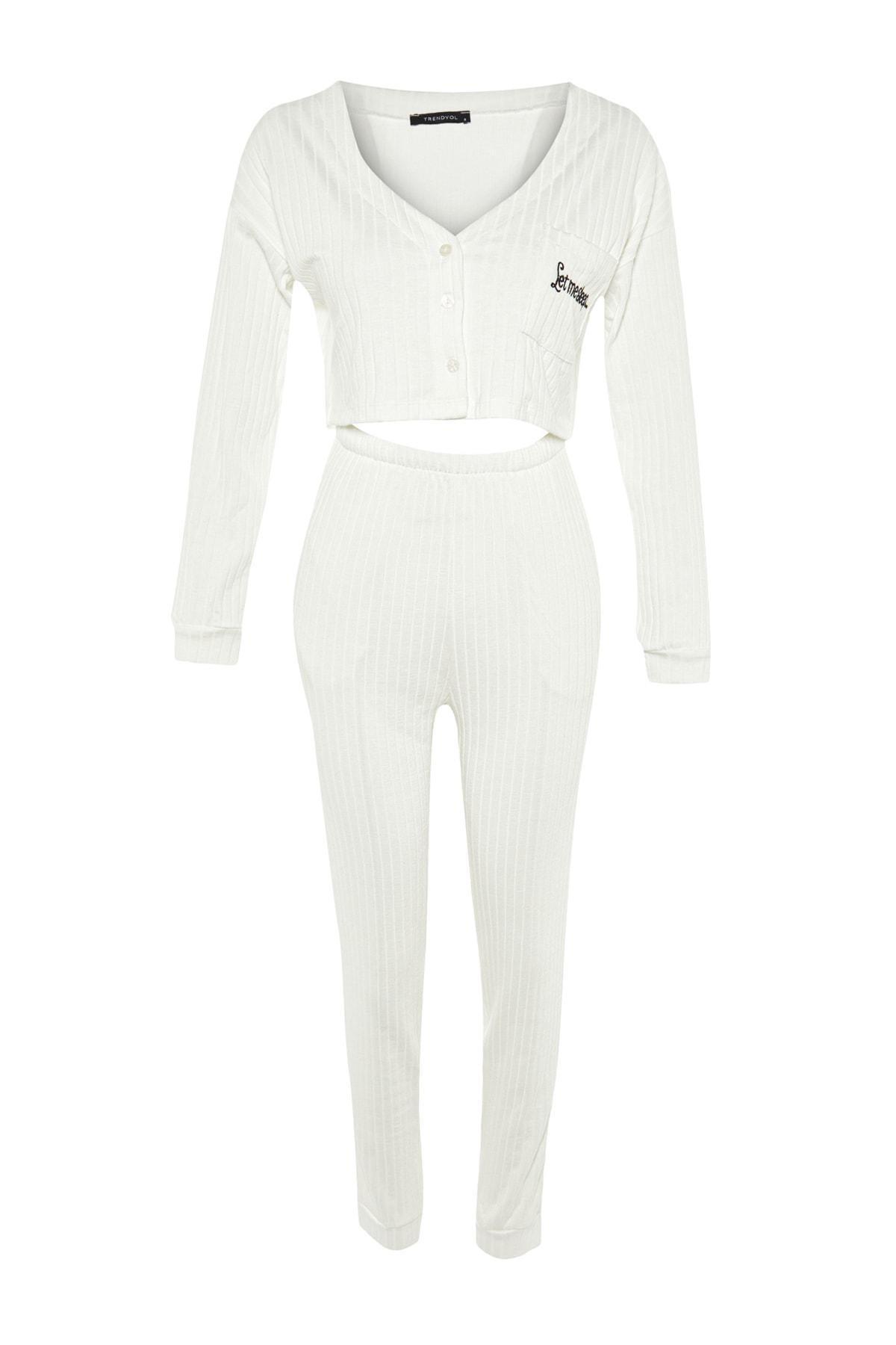 White V-Neck Cropped Pyjama Set, , large image number 6