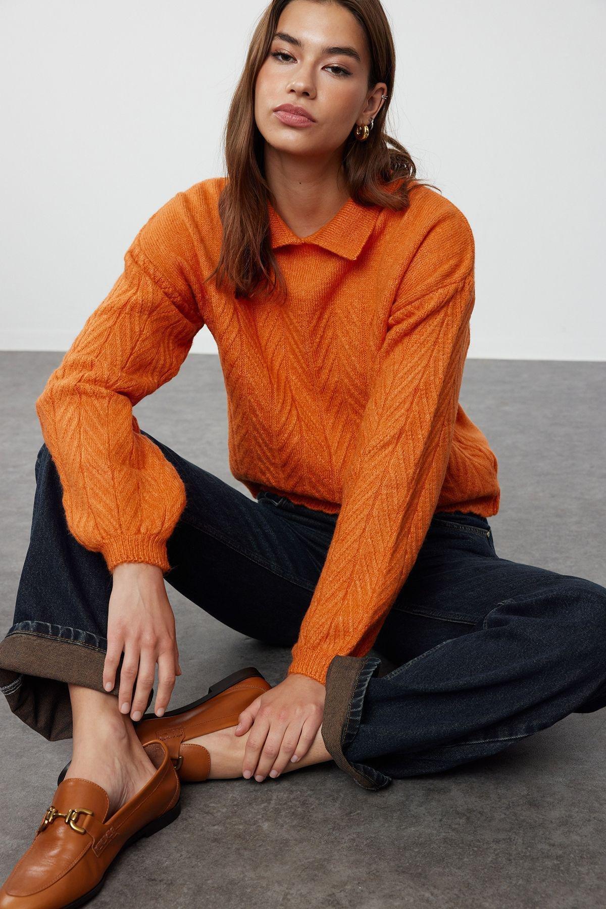 Orange Wide Fit d Knit Sweater,, Orange, large image number 0