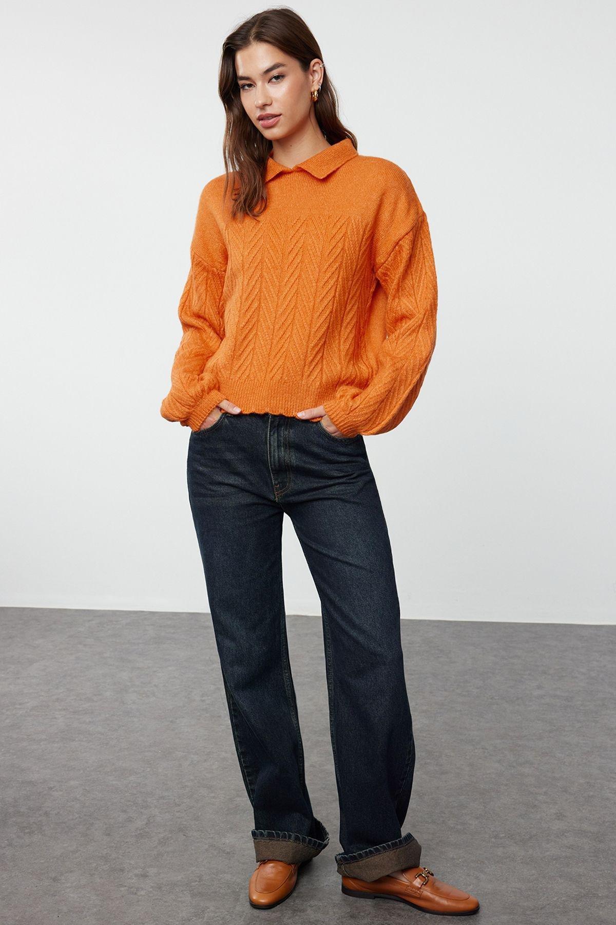 Orange Wide Fit d Knit Sweater,, Orange, large image number 1