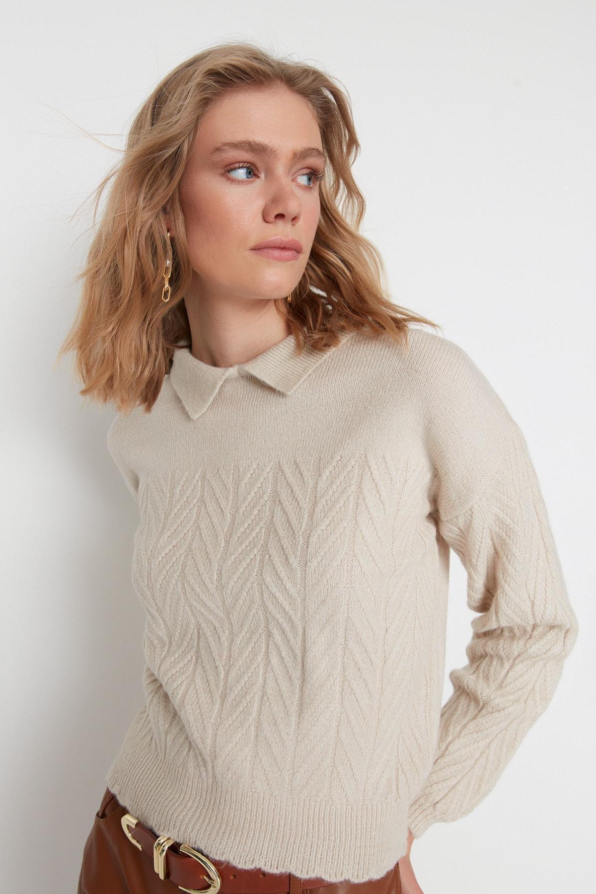 Beige Wide Fit Soft Textured Braids Knitwear Sweater, Gray, large image number 0