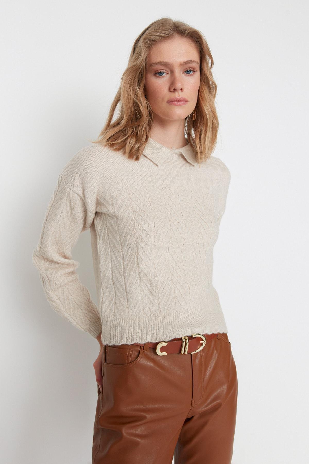 Beige Wide Fit Soft Textured Braids Knitwear Sweater, Gray, large image number 1