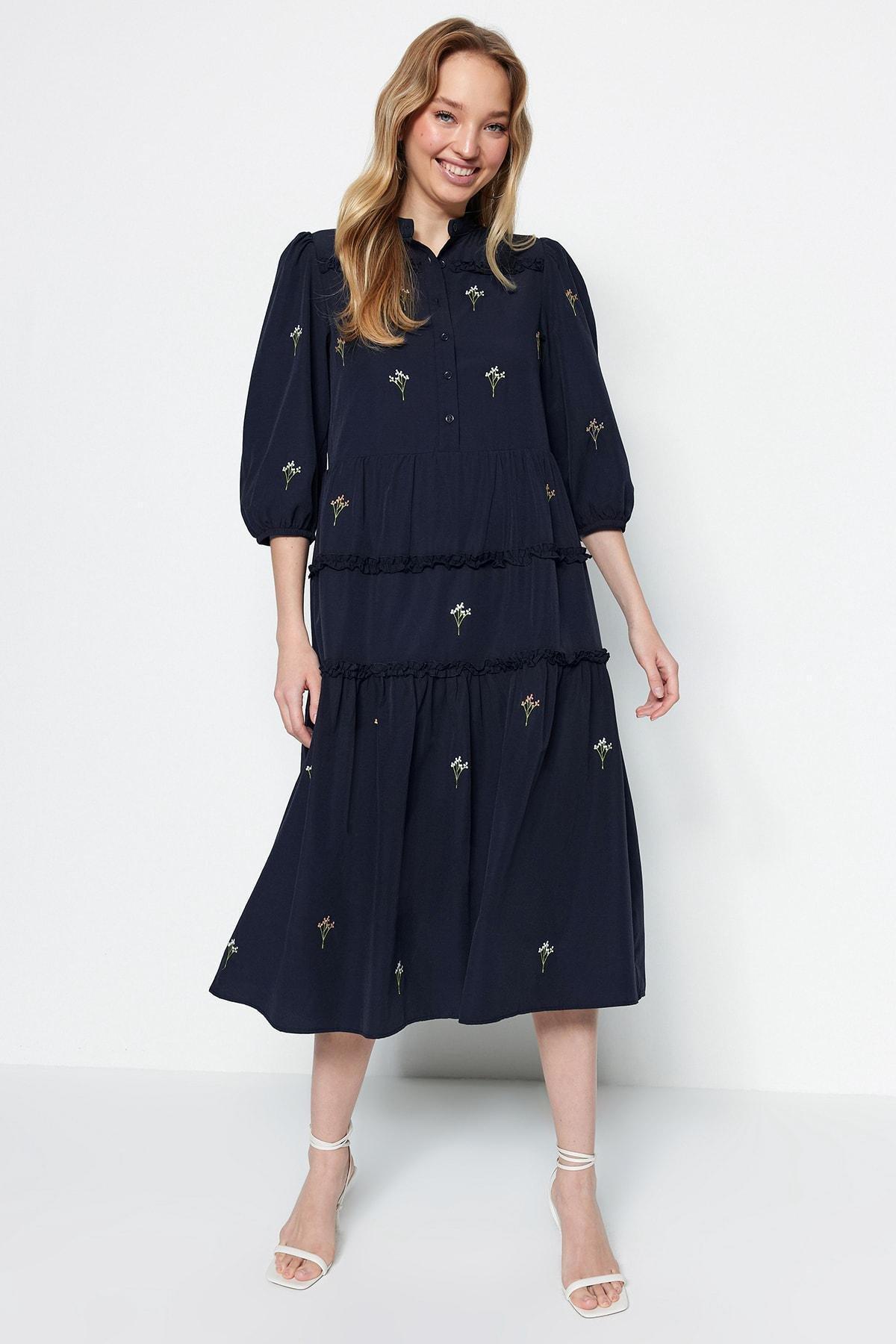 Navy Shift Standing Collar Dress, , large image number 0