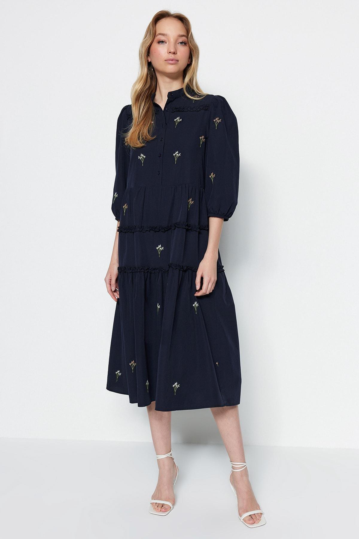Navy Shift Standing Collar Dress, , large image number 1