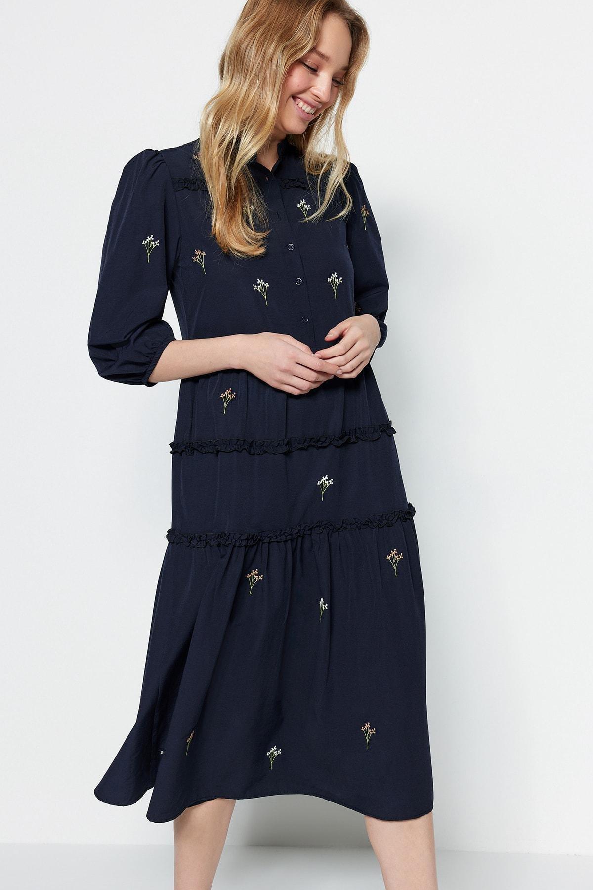 Navy Shift Standing Collar Dress, , large image number 2