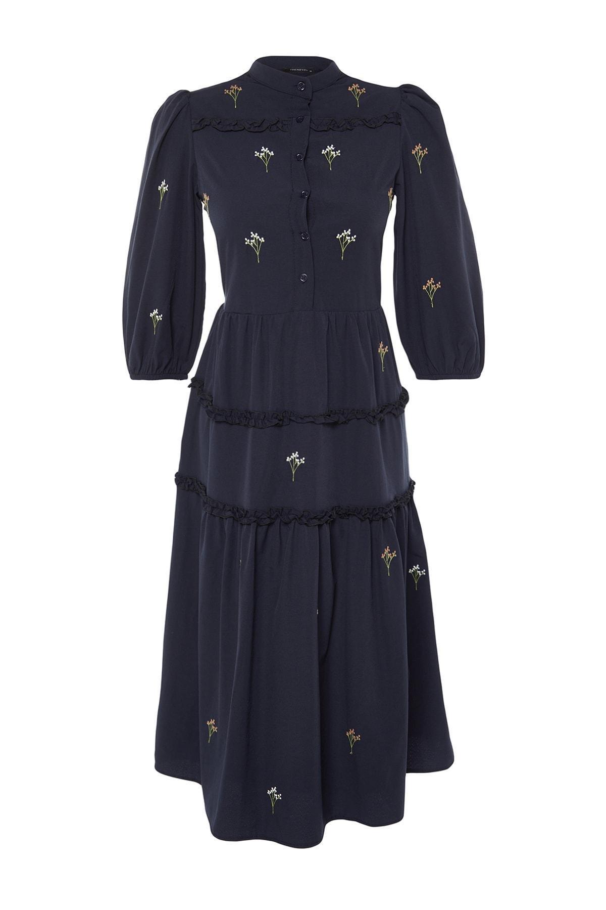 Navy Shift Standing Collar Dress, , large image number 6