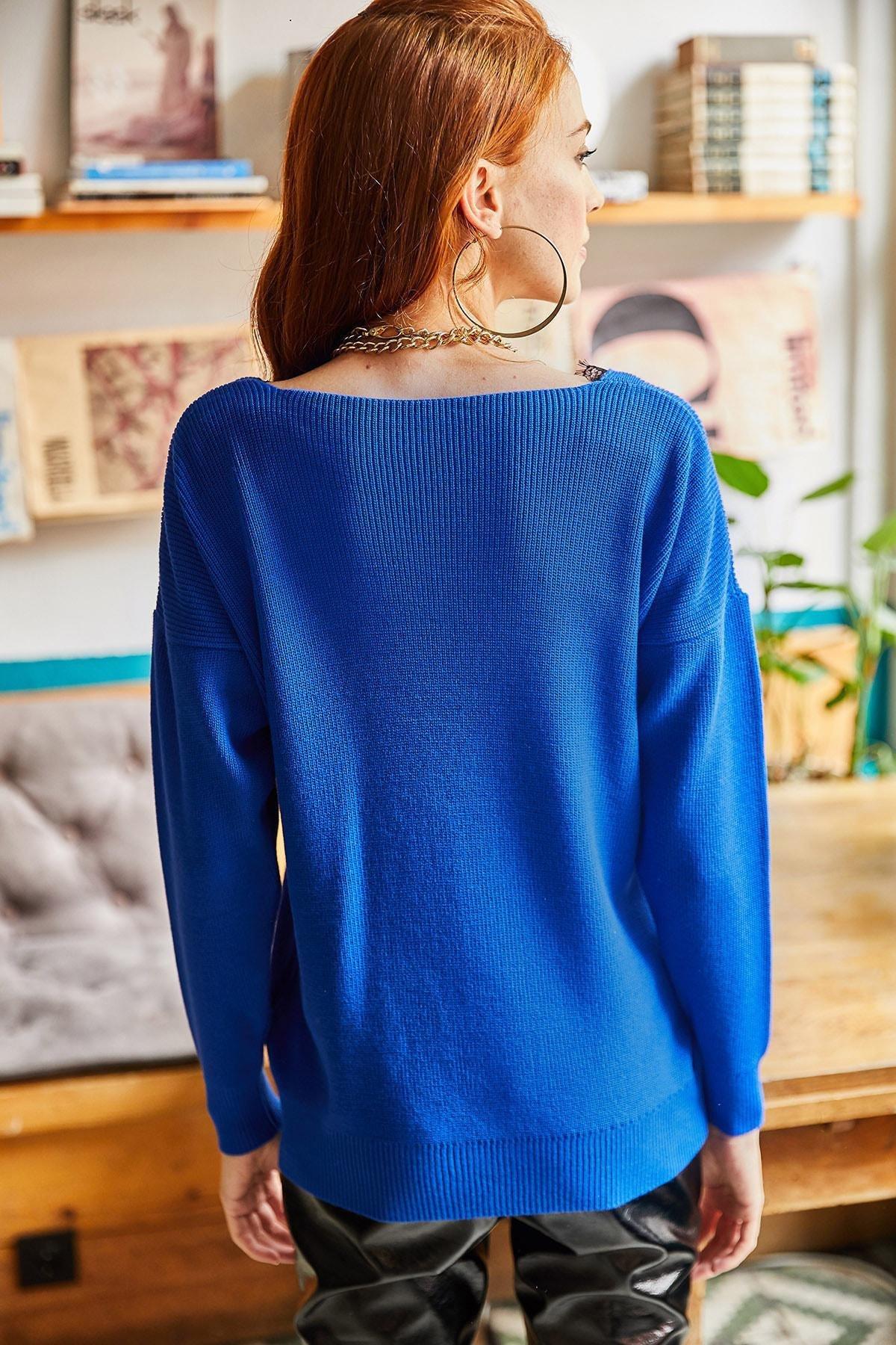 Blue Collar Knitwear Blouse With Lace, Sax Blue, large image number 4