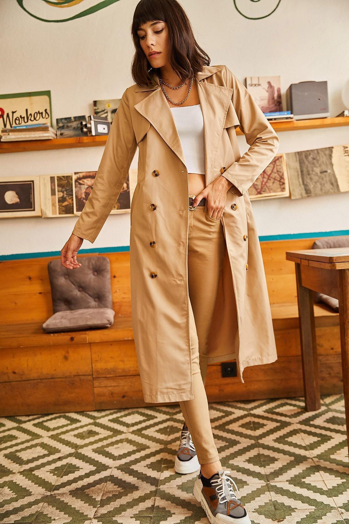 Beige Double-Breasted Trench Coat, , large image number 1