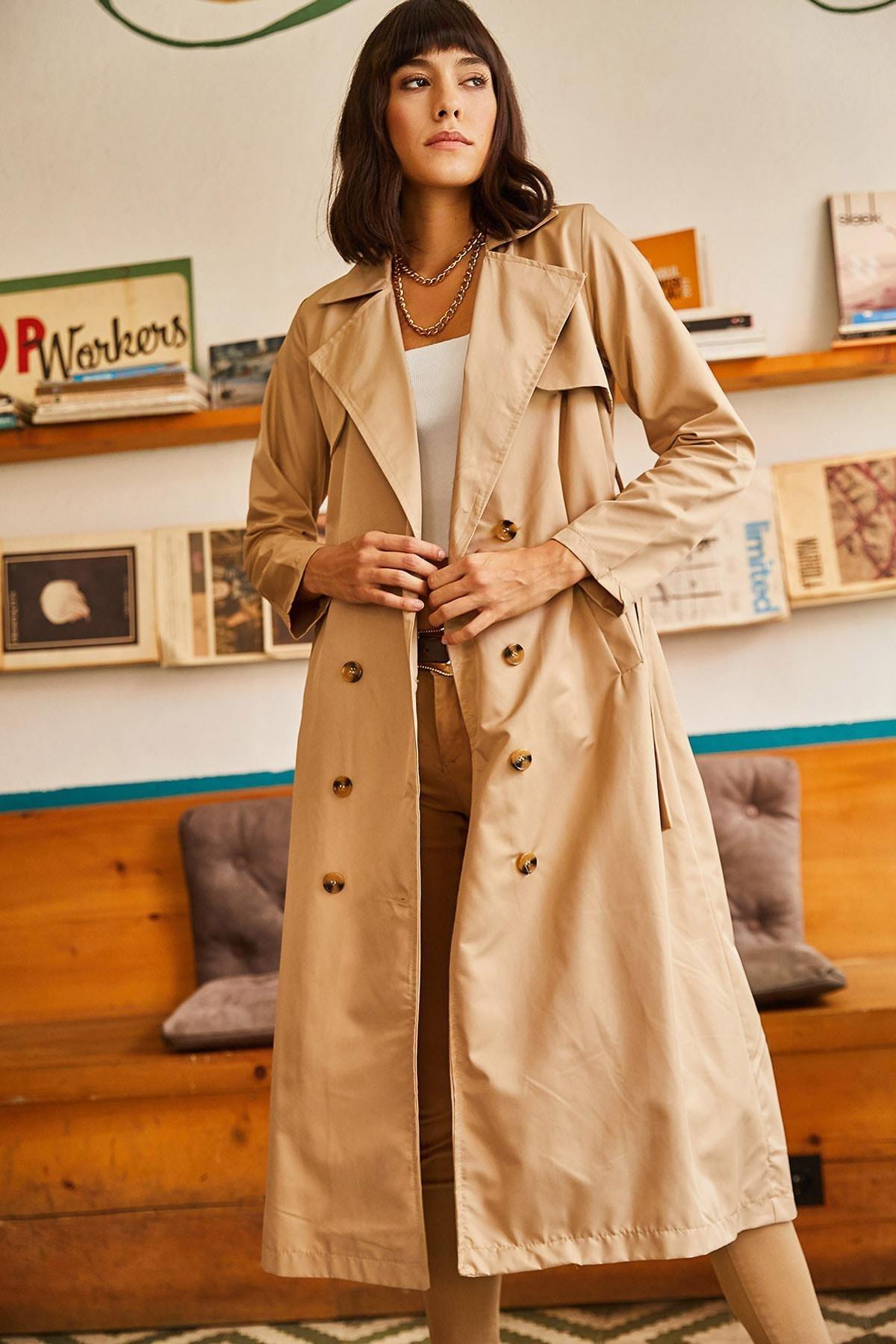 Beige Double-Breasted Trench Coat, , large image number 2