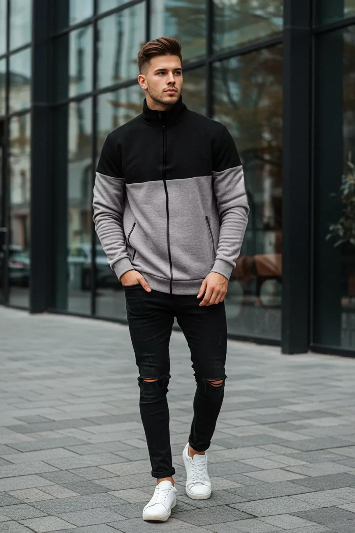 Grey Standing Collar Sweatshirt, , large image number 1