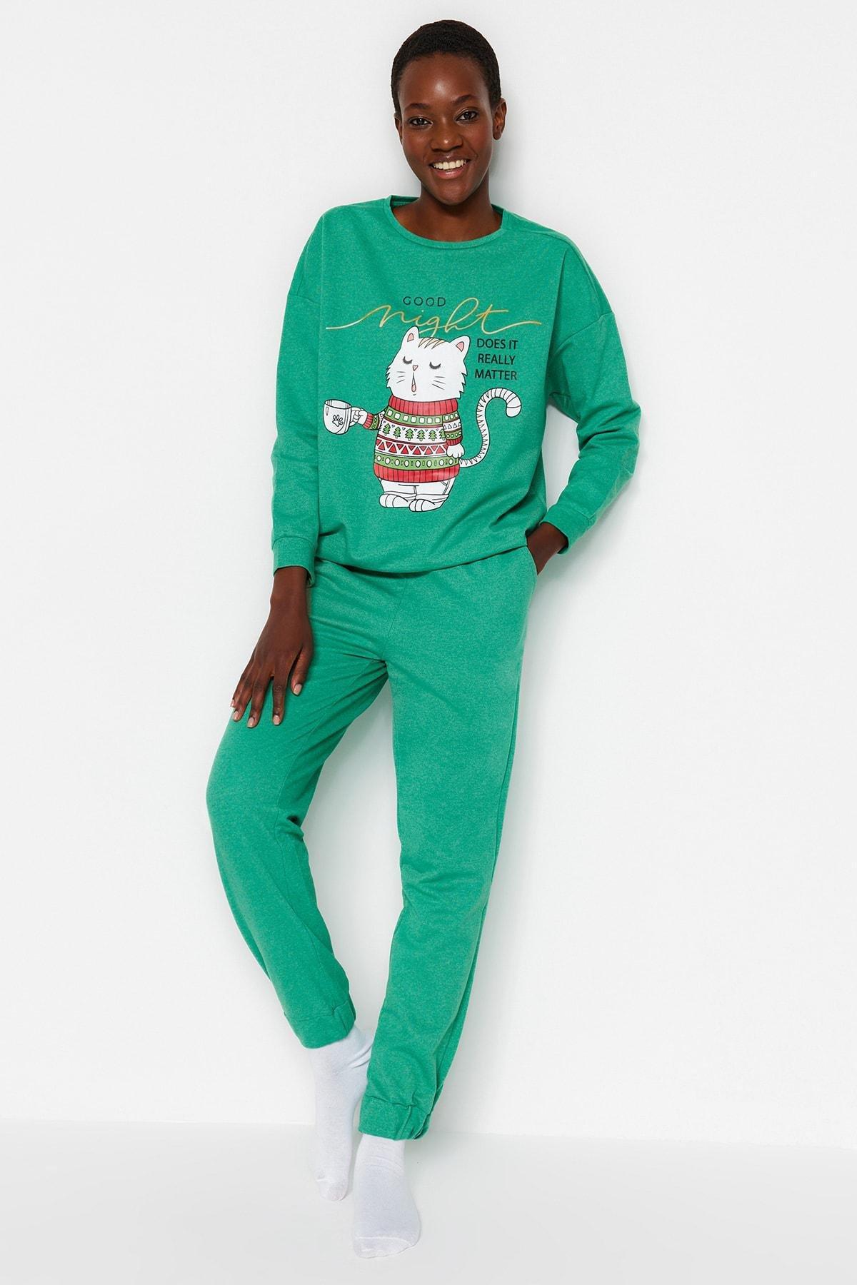 Green Printed Hooded Pajama Set, , large image number 1