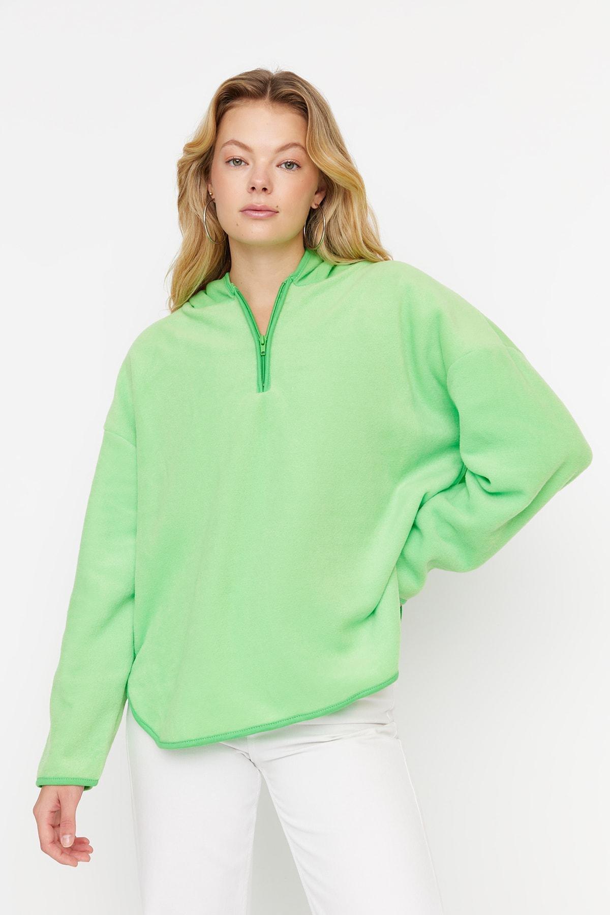 Green Zippered Oversized Knit Sweatshirt, Green, large image number 0