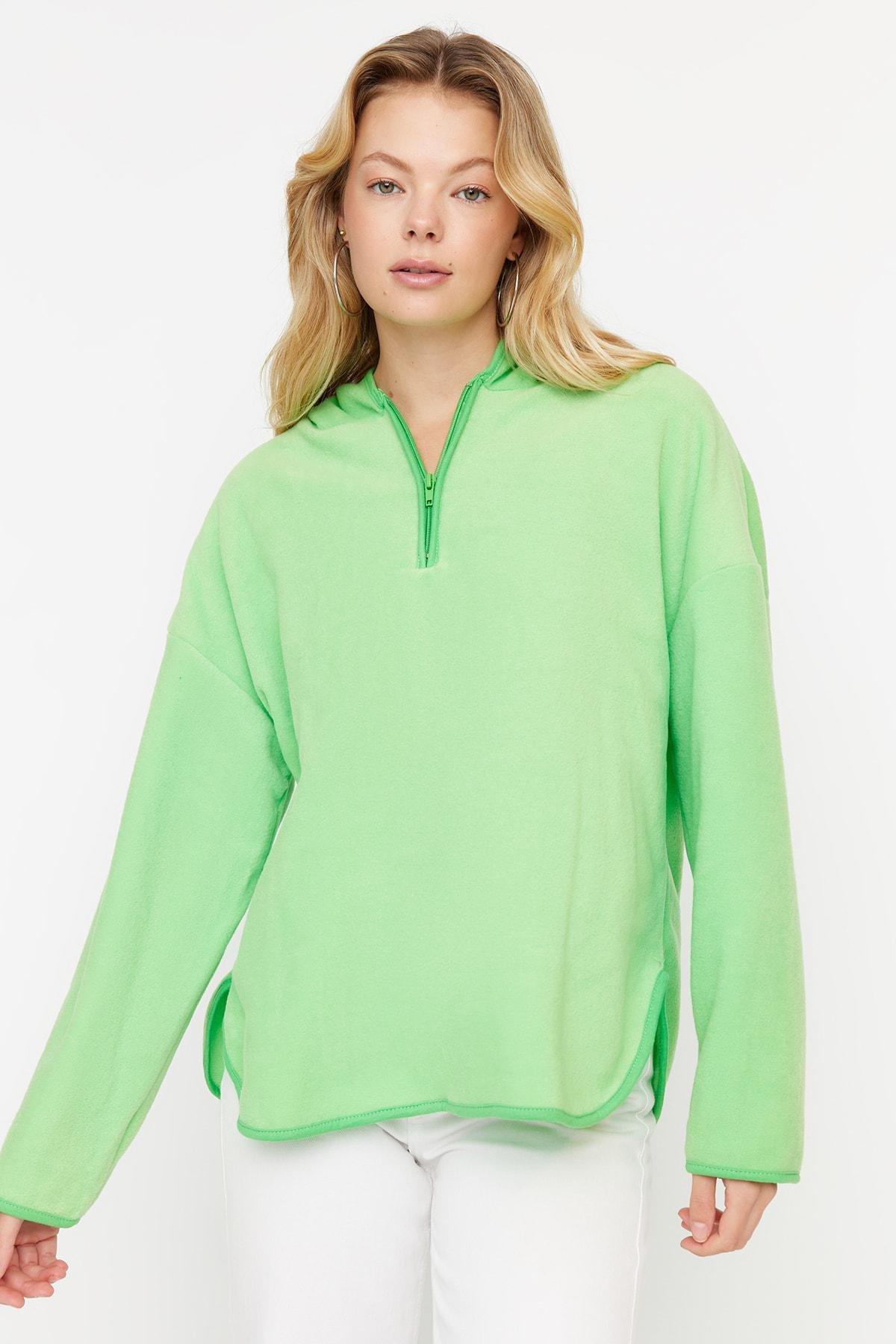 Green Zippered Oversized Knit Sweatshirt, Green, large image number 1