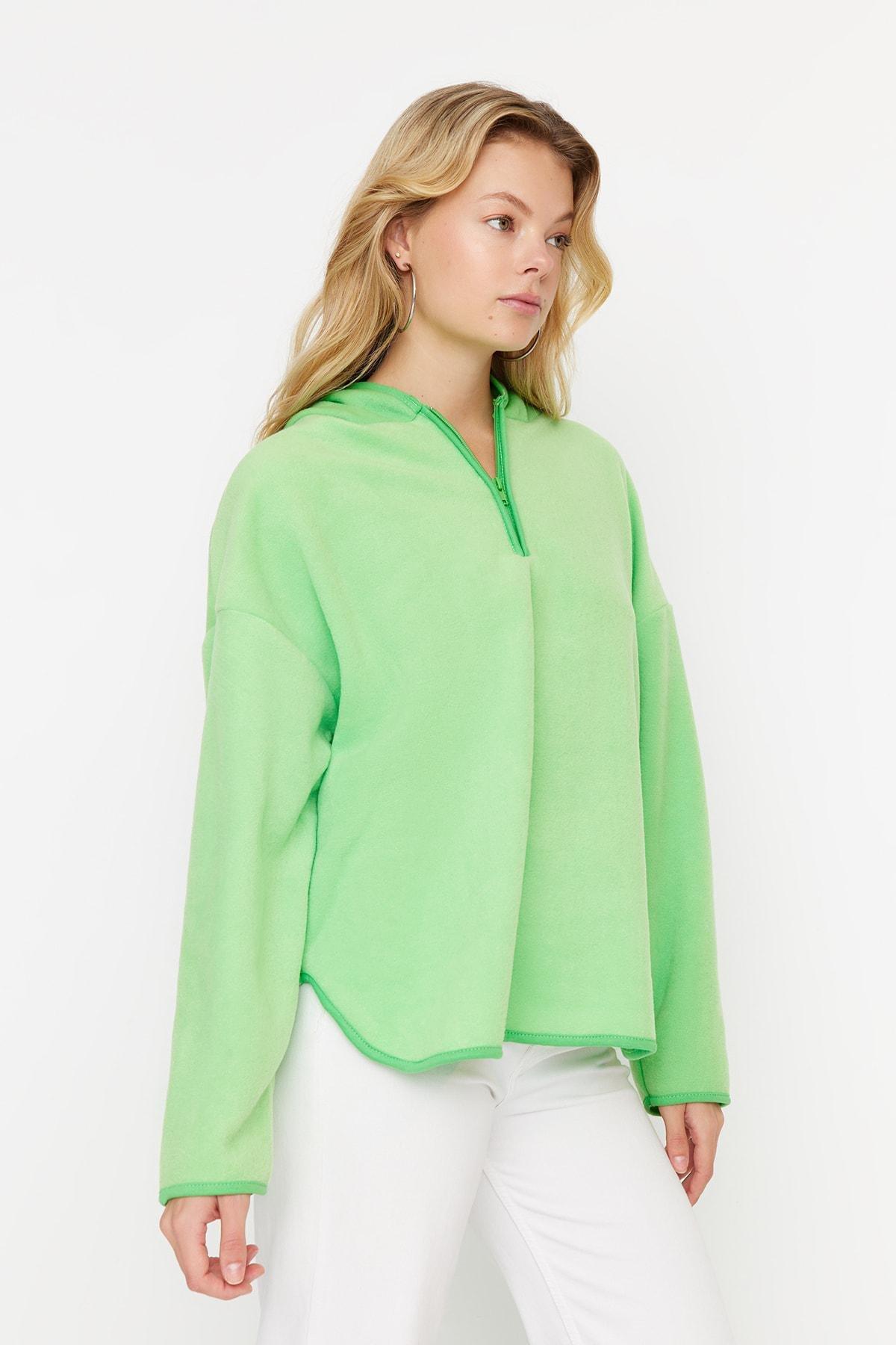 Green Zippered Oversized Knit Sweatshirt, Green, large image number 2