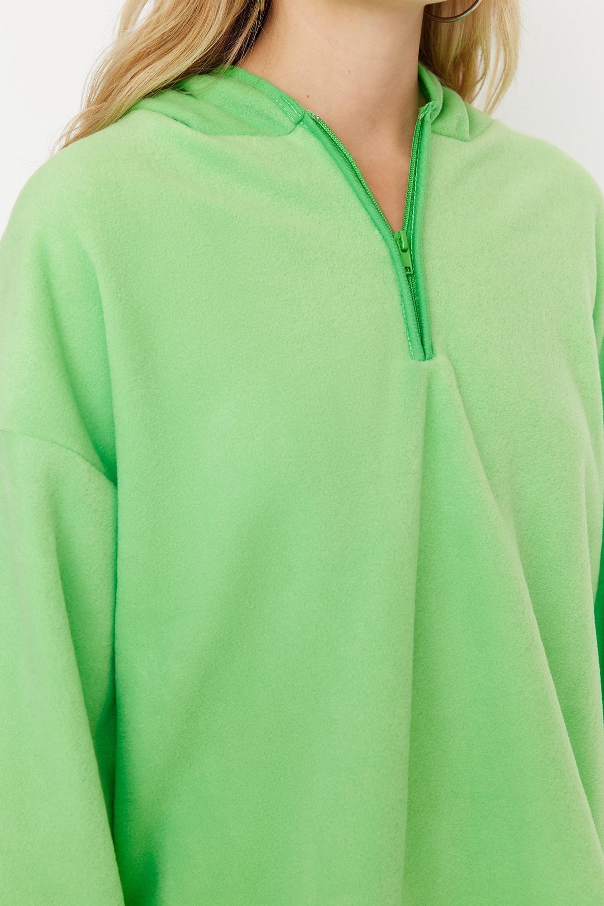 Green Zippered Oversized Knit Sweatshirt, Green, large image number 3
