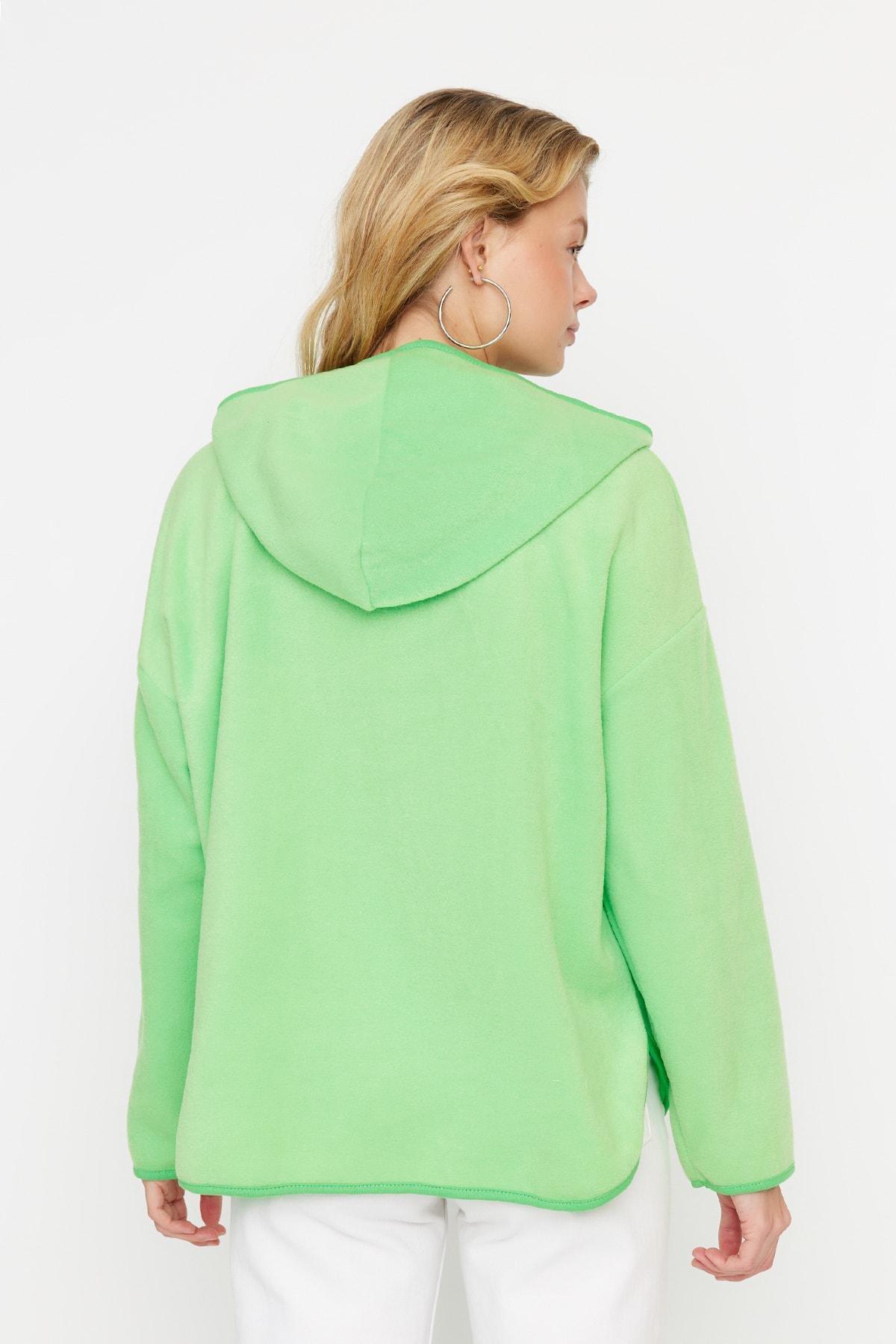 Green Zippered Oversized Knit Sweatshirt, Green, large image number 4