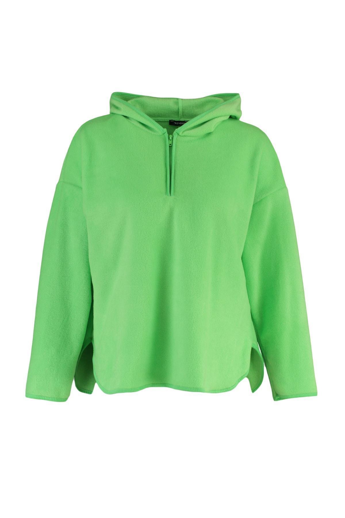 Green Zippered Oversized Knit Sweatshirt, Green, large image number 5