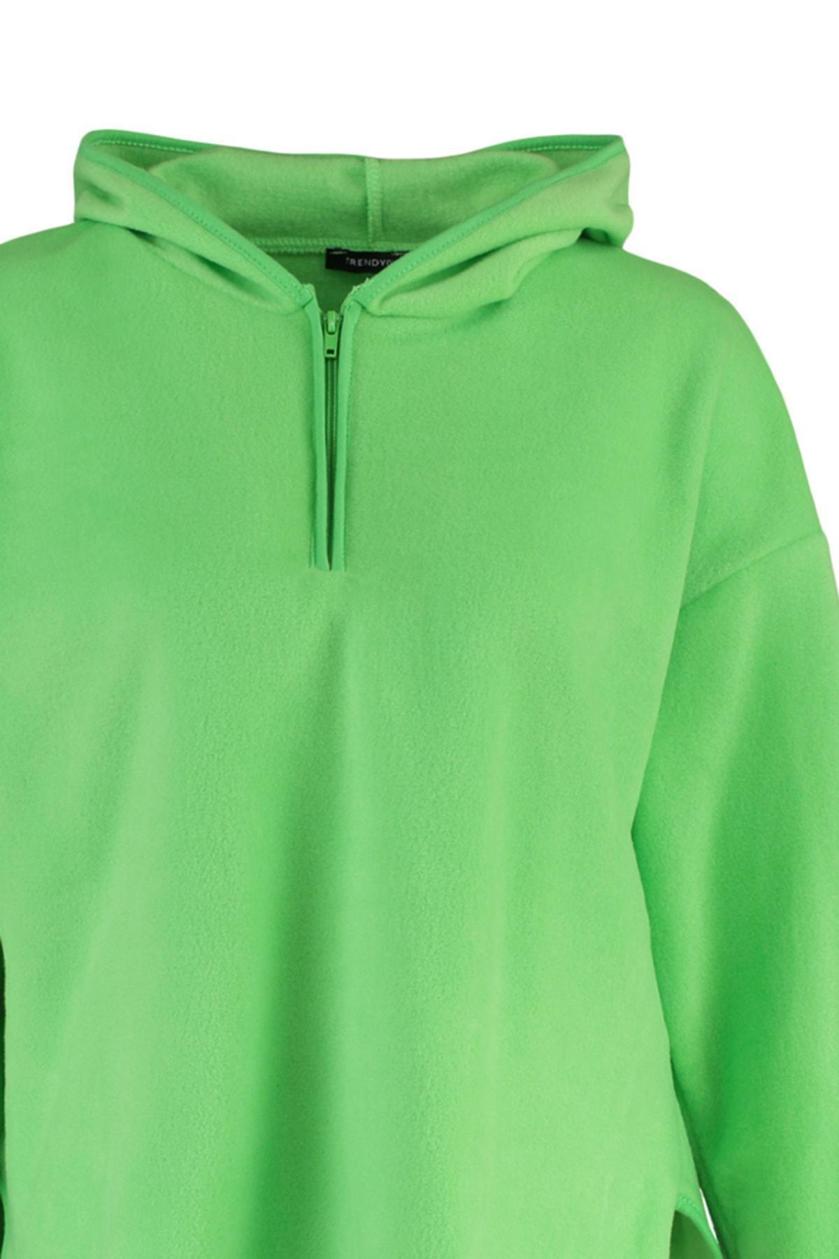 Green Zippered Oversized Knit Sweatshirt, Green, large image number 6