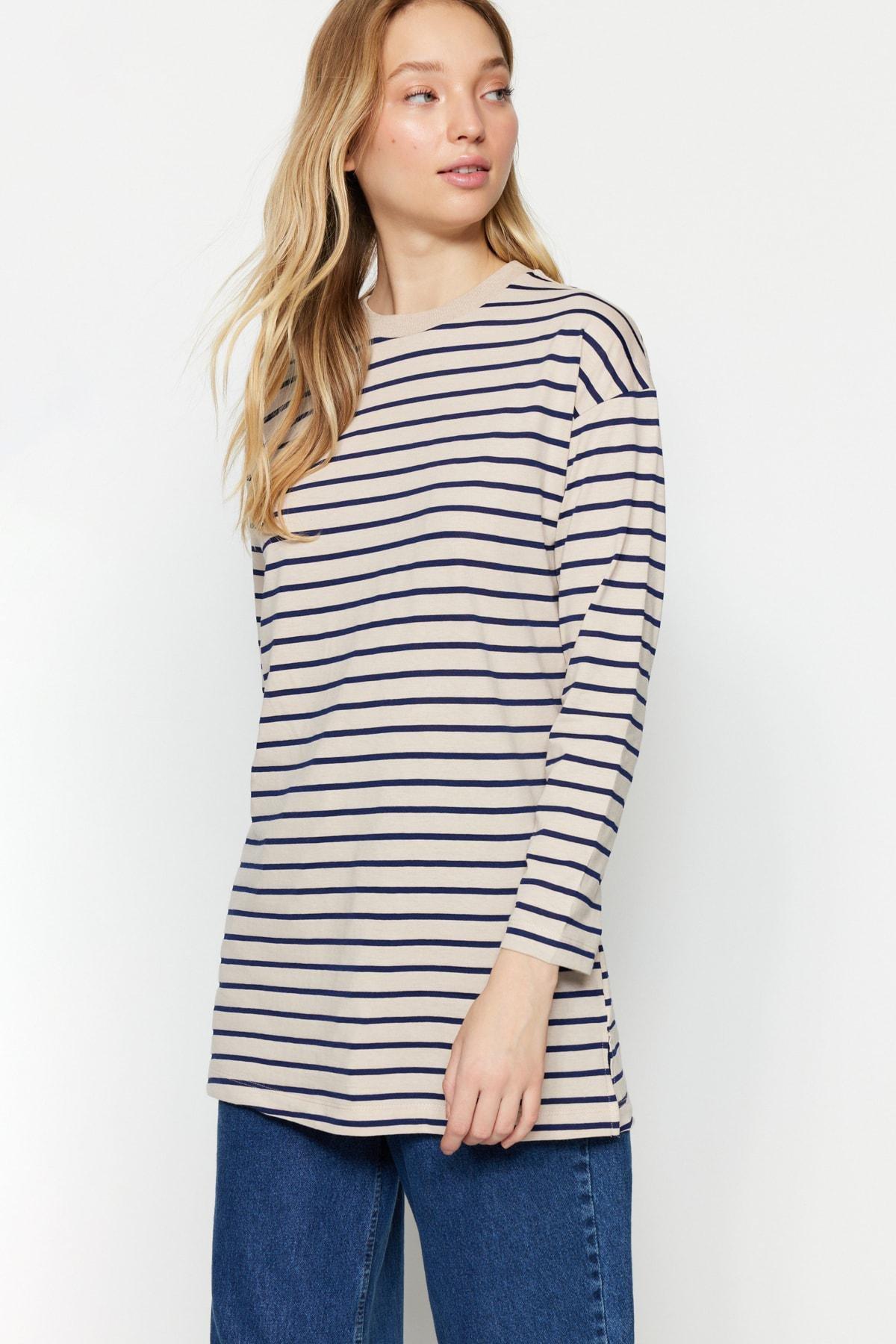 Navy Striped Crew Neck Tunic, , large image number 0