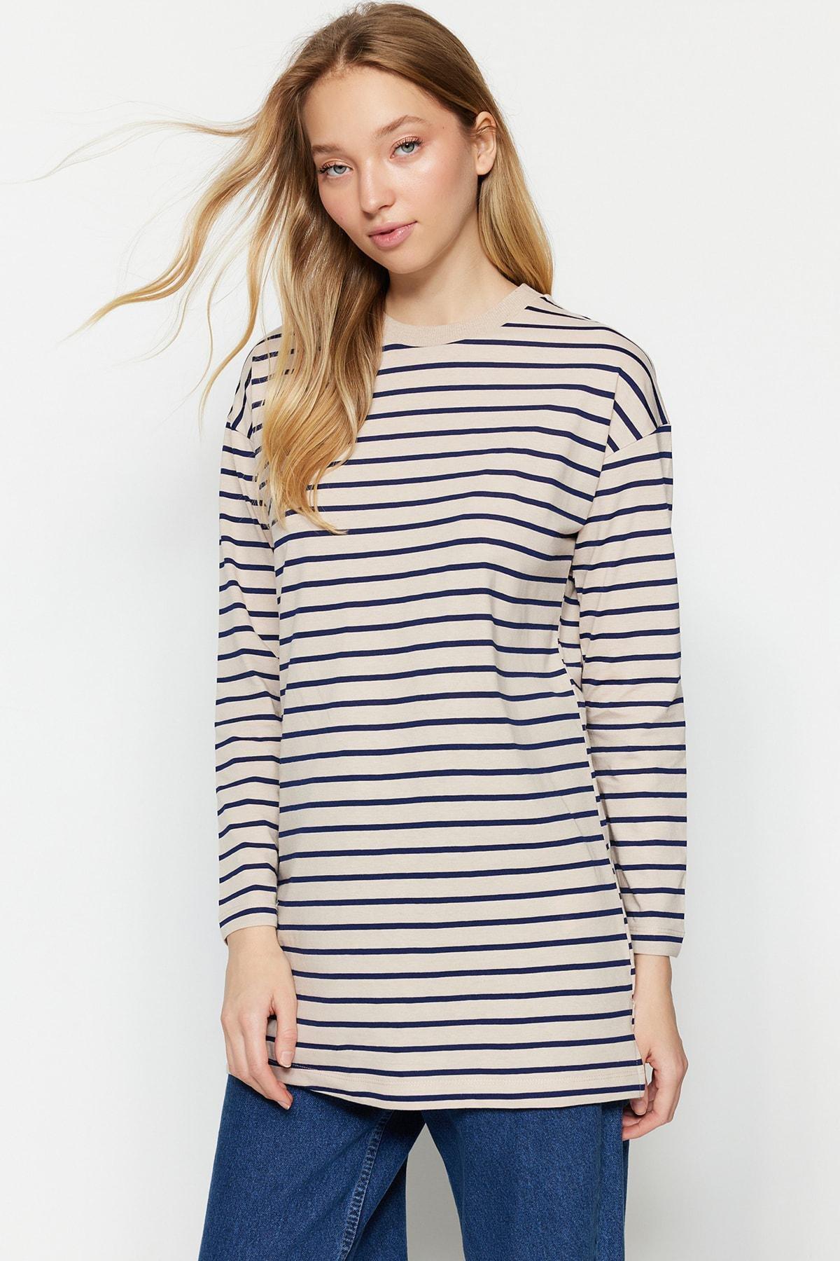 Navy Striped Crew Neck Tunic, , large image number 1