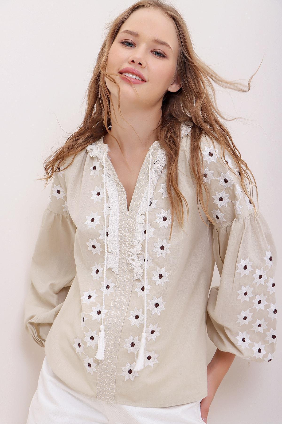 Beige Tassel Cotton Blouse, , medium