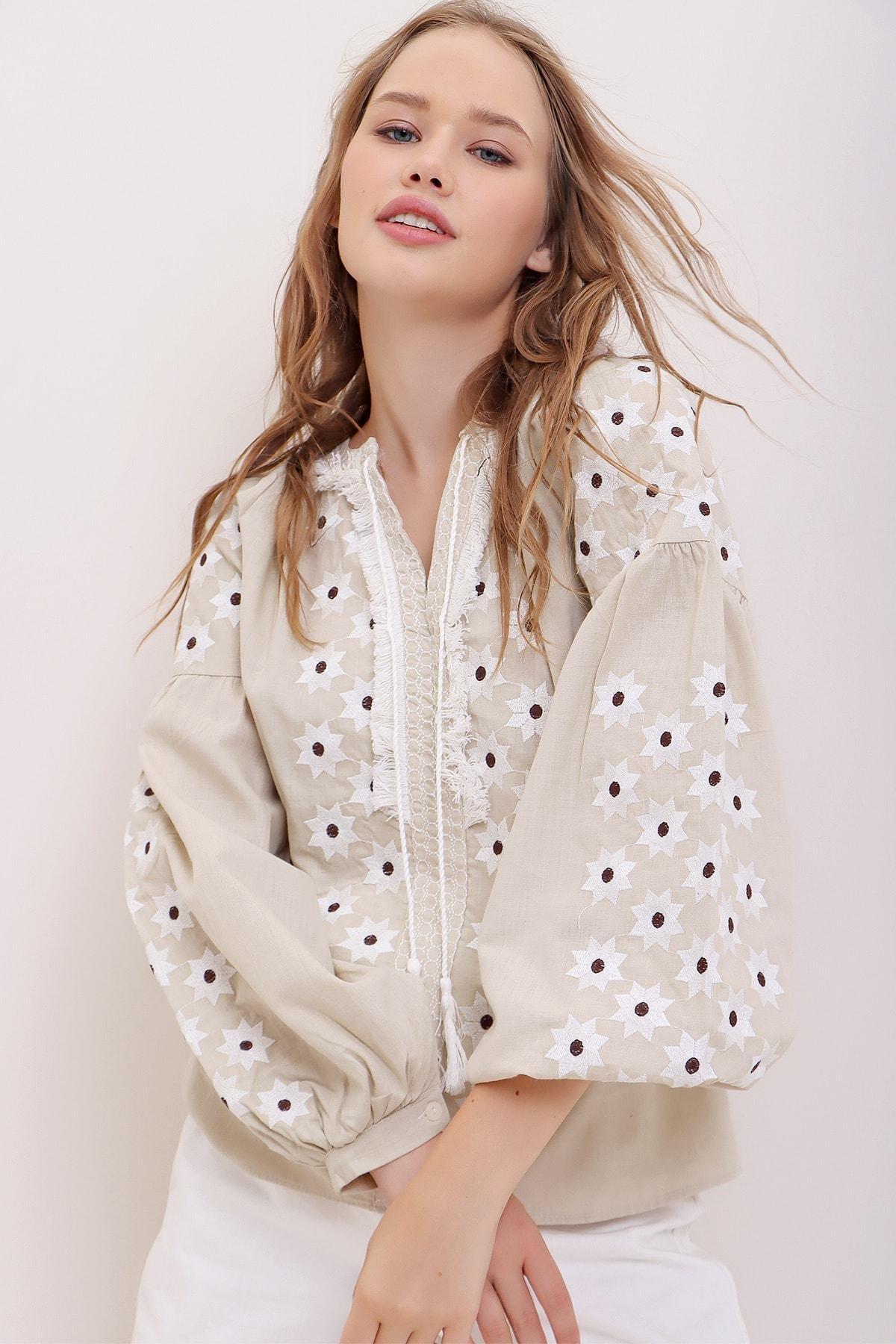 Beige Tassel Cotton Blouse, Beige, large image number 1