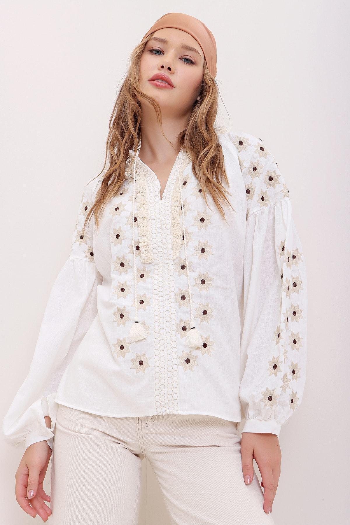 Ecru Tassel Detail Embroidered Blouse, , large image number 1