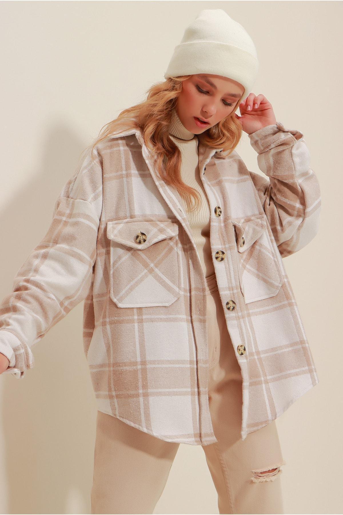 Beige Plaid Oversize Shirt, , large image number 1