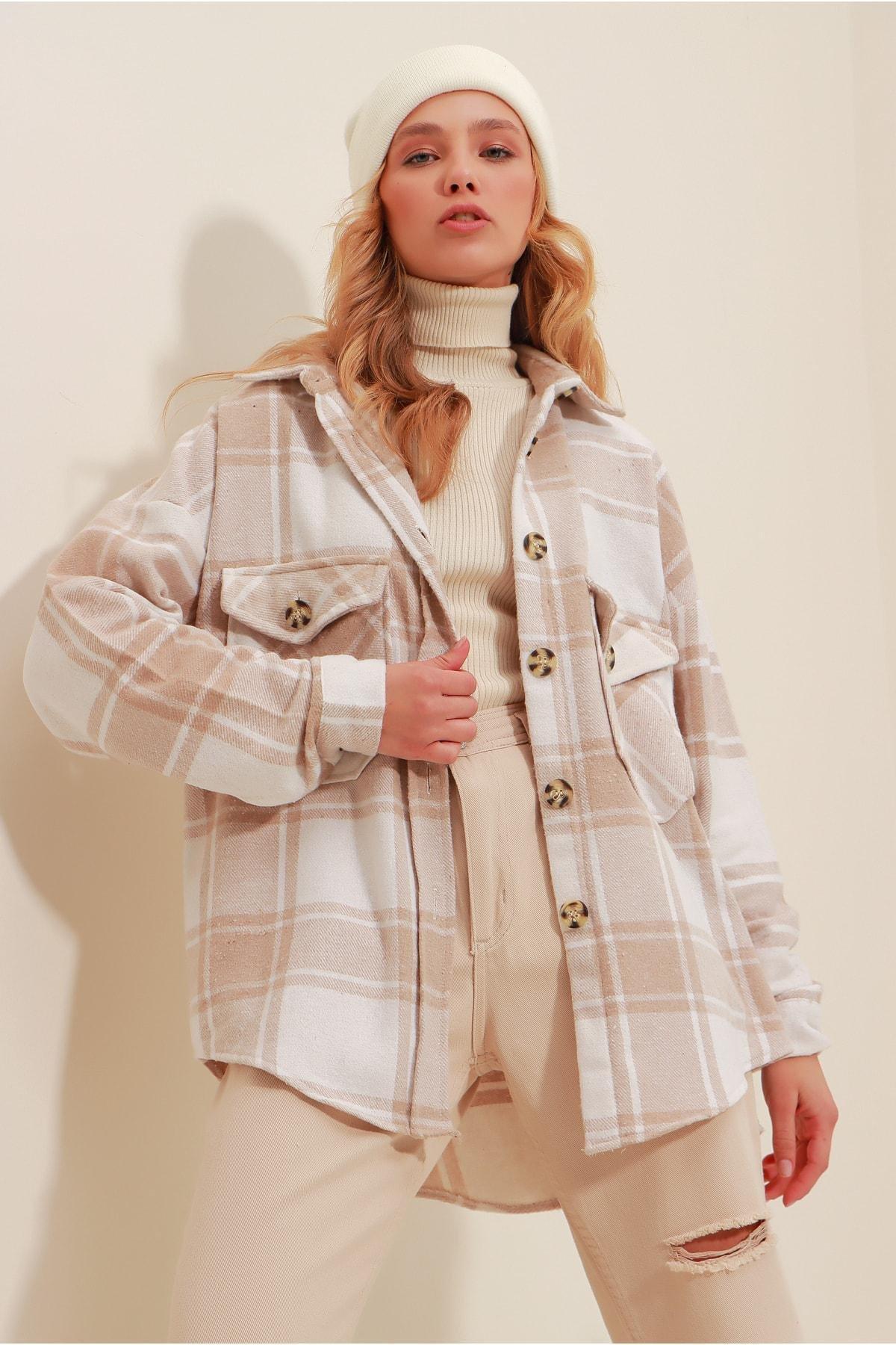 Beige Plaid Oversize Shirt, , large image number 3